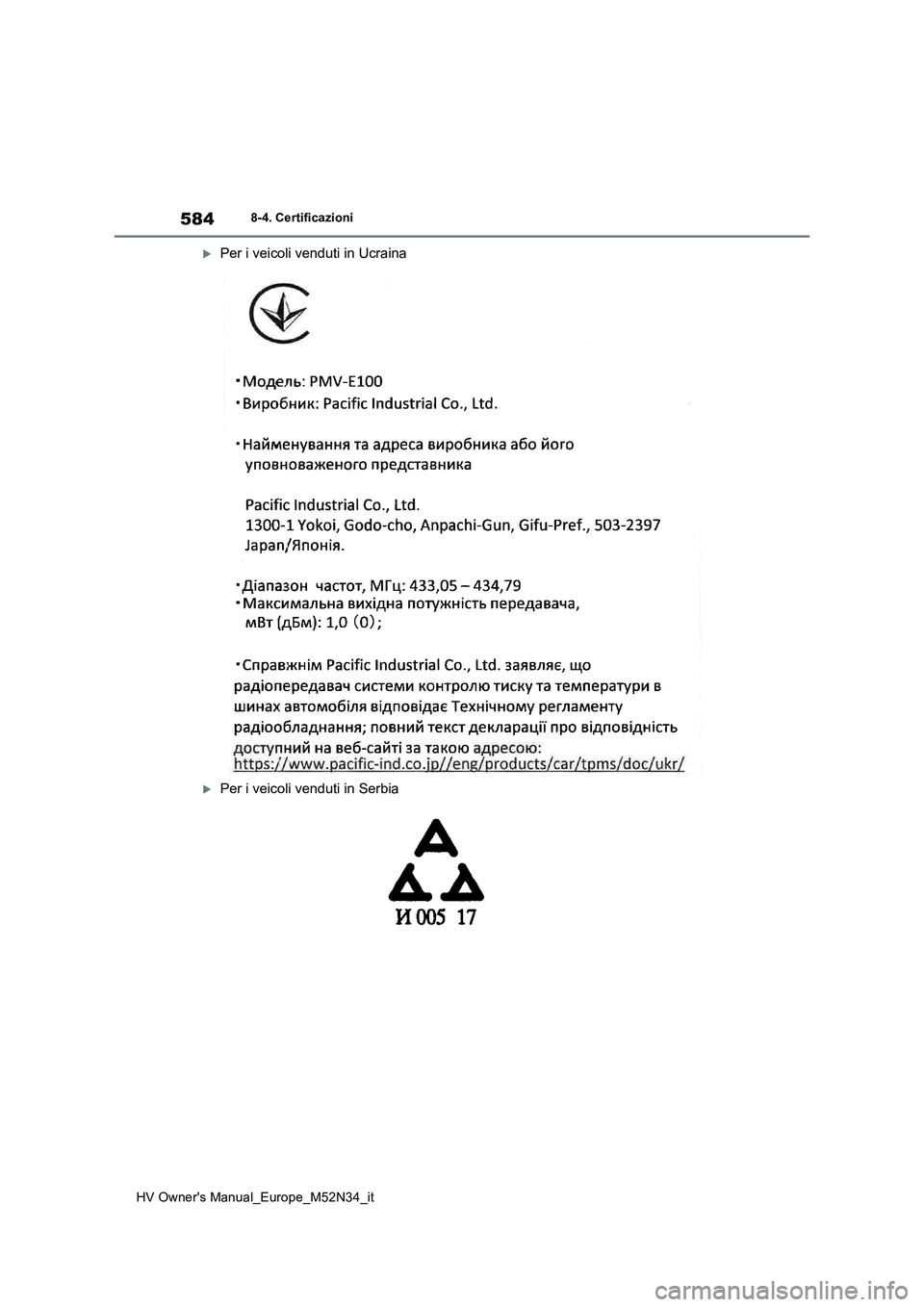 TOYOTA YARIS 2022  Manuale duso (in Italian) 584
HV Owner's Manual_Europe_M52N34_it
8-4. Certificazioni
Per i veicoli venduti in Ucraina
Per i veicoli venduti in Serbia 