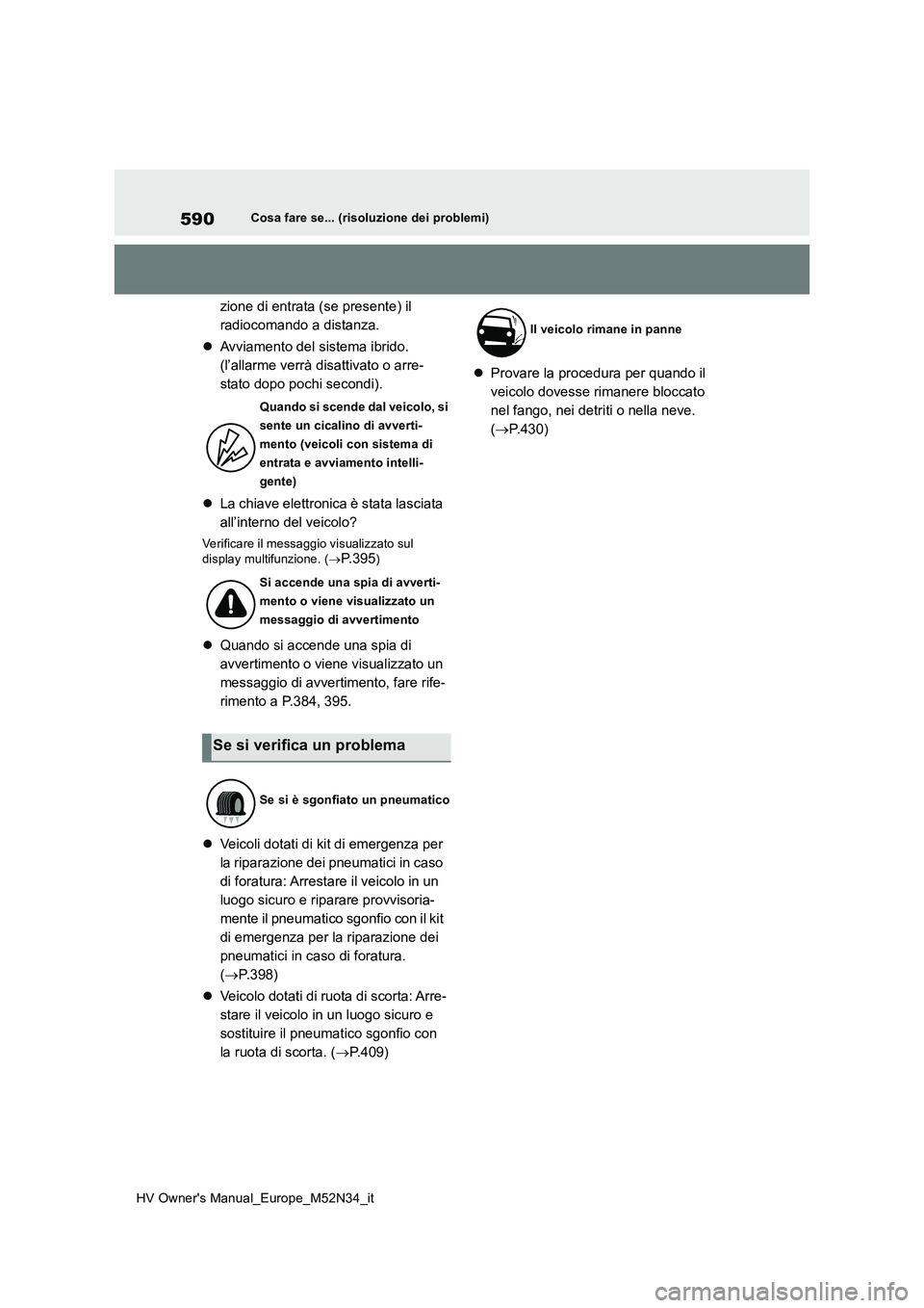 TOYOTA YARIS 2022  Manuale duso (in Italian) 590
HV Owner's Manual_Europe_M52N34_it
Cosa fare se... (risoluzione dei problemi)
zione di entrata (se presente) il  
radiocomando a distanza. 
 Avviamento del sistema ibrido.  
(l’allarme ve