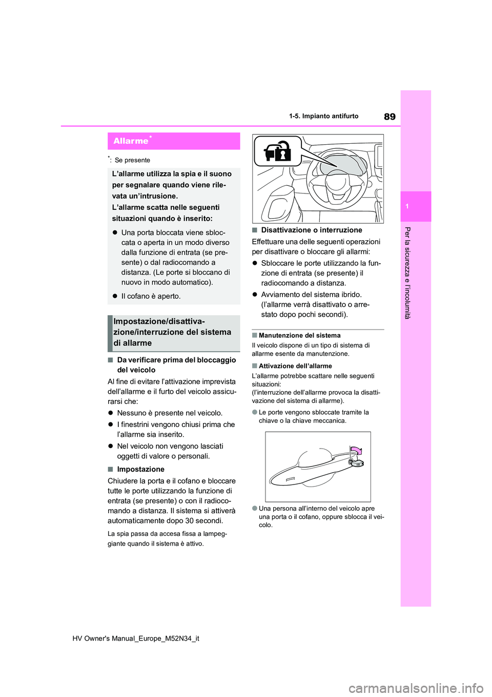 TOYOTA YARIS 2022 Manuale duso (in Italian) 89
1
HV Owner's Manual_Europe_M52N34_it
1-5. Impianto antifurto
Per la sicurezza e l’incolumità
*: Se presente
■Da verificare prima del bloccaggio
del veicolo
Al fine di evitare l’attiva TOYOTA YARIS 2022 Manuale duso (in Italian) 89
1
HV Owner's Manual_Europe_M52N34_it
1-5. Impianto antifurto
Per la sicurezza e l’incolumità
*: Se presente
■Da verificare prima del bloccaggio
del veicolo
Al fine di evitare l’attiva