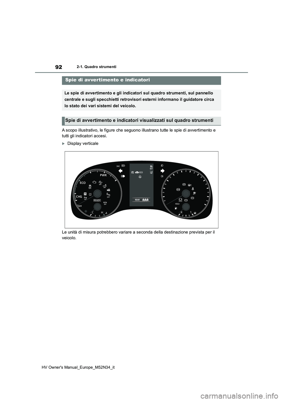 TOYOTA YARIS 2022  Manuale duso (in Italian) 92
HV Owner's Manual_Europe_M52N34_it
2-1. Quadro strumenti
2-1.Quadro strumenti
A scopo illustrativo, le figure che seguono illustrano tutte le spie di avvertimento e  
tutti gli indicatori acces