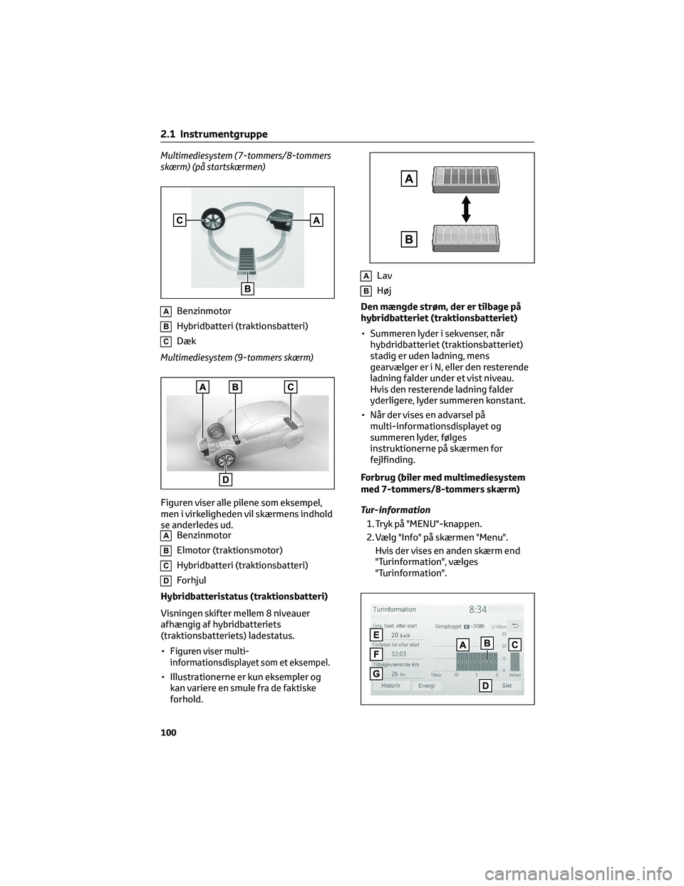 TOYOTA YARIS 2022  Brugsanvisning (in Danish) Multimediesystem (7-tommers/8-tommers
skærm) (på startskærmen)
ABenzinmotor
BHybridbatteri (traktionsbatteri)
CDæk
Multimediesystem (9-tommers skærm)
Figuren viser alle pilene som eksempel,
men i