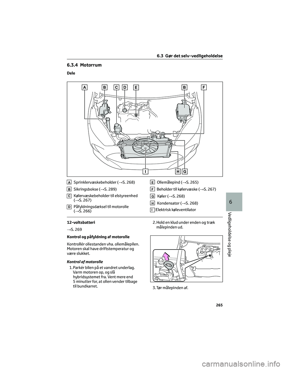 TOYOTA YARIS 2022  Brugsanvisning (in Danish) 6.3.4 Motorrum
Dele
ASprinklervæskebeholder (→S. 268)
BSikringsbokse (→S. 289)
CKølervæskebeholder til elstyreenhed
(→S. 267)
DPåfyldningsdæksel til motorolie
(→S. 266)
EOliemålepind (