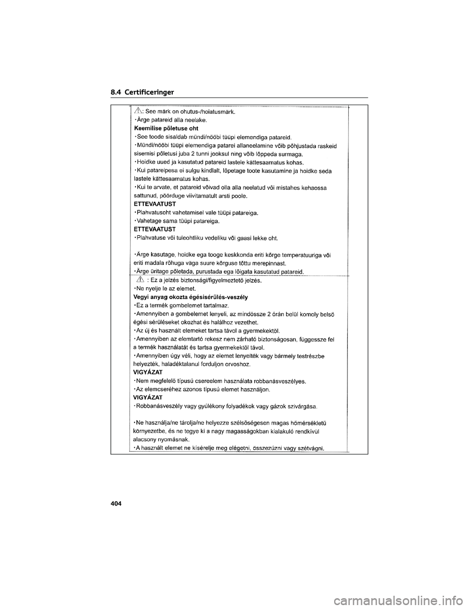 TOYOTA YARIS 2022  Brugsanvisning (in Danish) 8.4 Certificeringer
404 