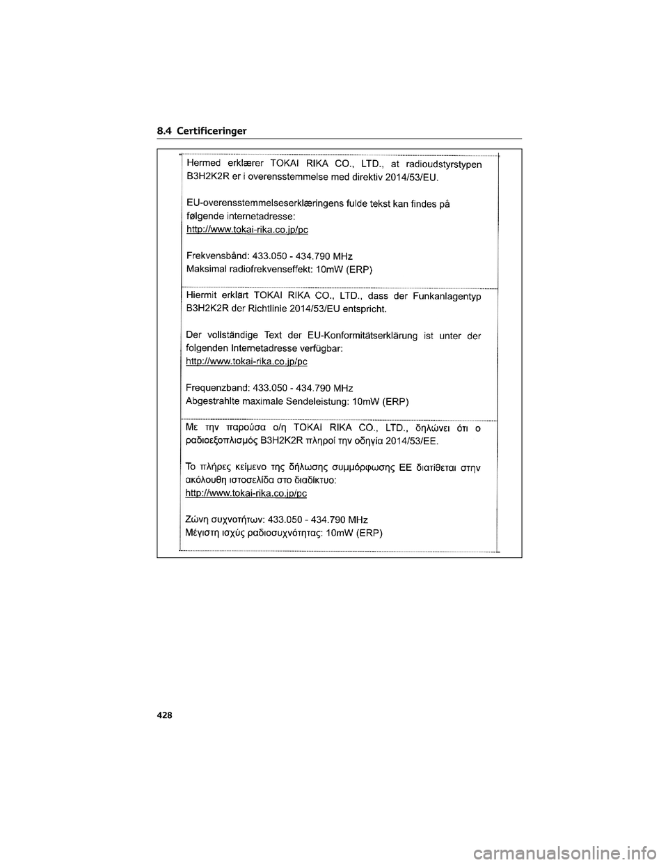 TOYOTA YARIS 2022  Brugsanvisning (in Danish) 8.4 Certificeringer
428 