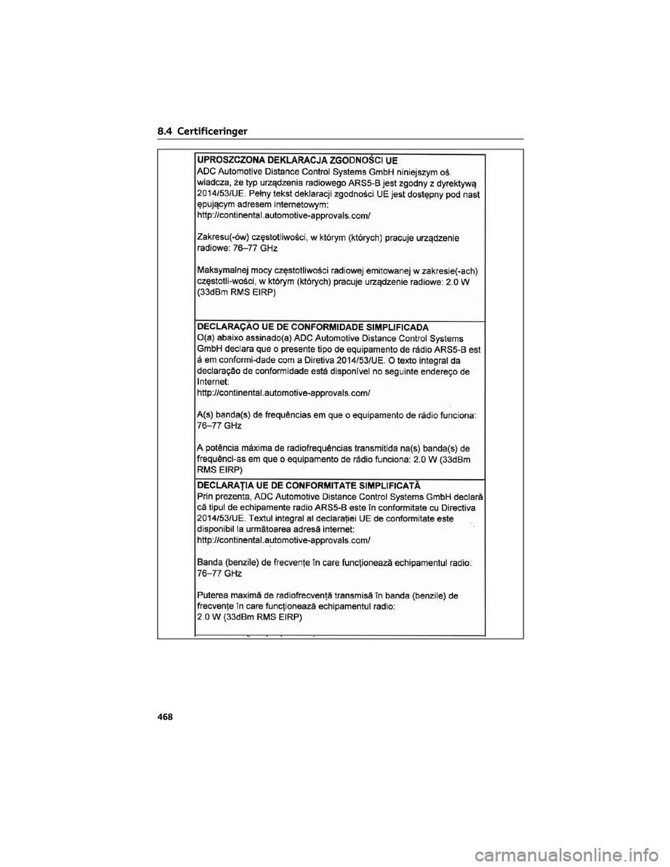 TOYOTA YARIS 2022  Brugsanvisning (in Danish) 8.4 Certificeringer
468 