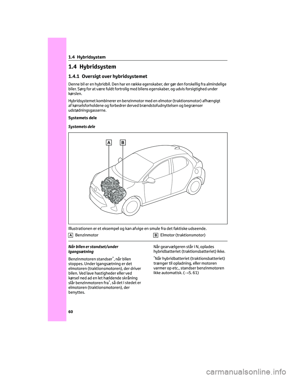 TOYOTA YARIS 2022  Brugsanvisning (in Danish) 1.4 Hybridsystem
1.4.1 Oversigt over hybridsystemet
Denne bil er en hybridbil. Den har en række egenskaber, der gør den forskellig fra almindelige
biler. Sørg for at være fuldt fortrolig med bilen