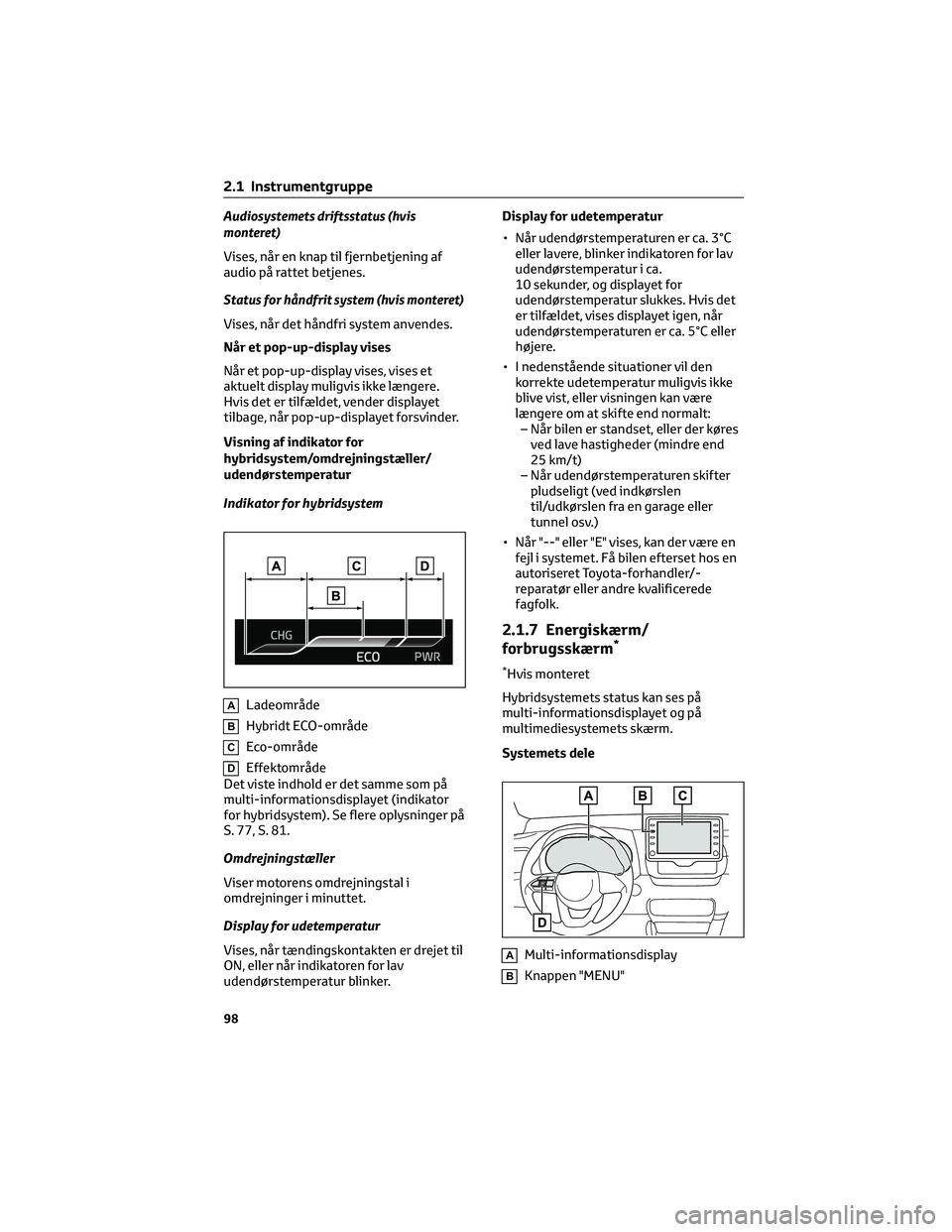 TOYOTA YARIS 2022  Brugsanvisning (in Danish) Audiosystemets driftsstatus (hvis
monteret)
Vises, når en knap til fjernbetjening af
audio på rattet betjenes.
St
atus for håndfrit system (hvis monteret)
Vises, når det håndfri system anvendes.
