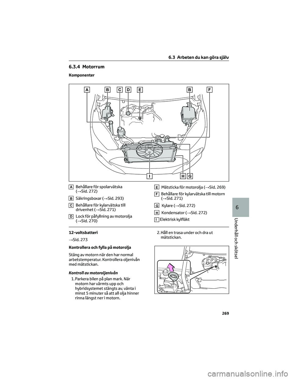 TOYOTA YARIS 2022  Bruksanvisningar (in Swedish) 6.3.4 Motorrum
Komponenter
ABehållare för spolarvätska
(→Sid. 272)
BSäkringsboxar (→Sid. 293)
CBehållare för kylarvätska till
drivenhet (→Sid. 271)
DLock för påfyllning av motorolja
(