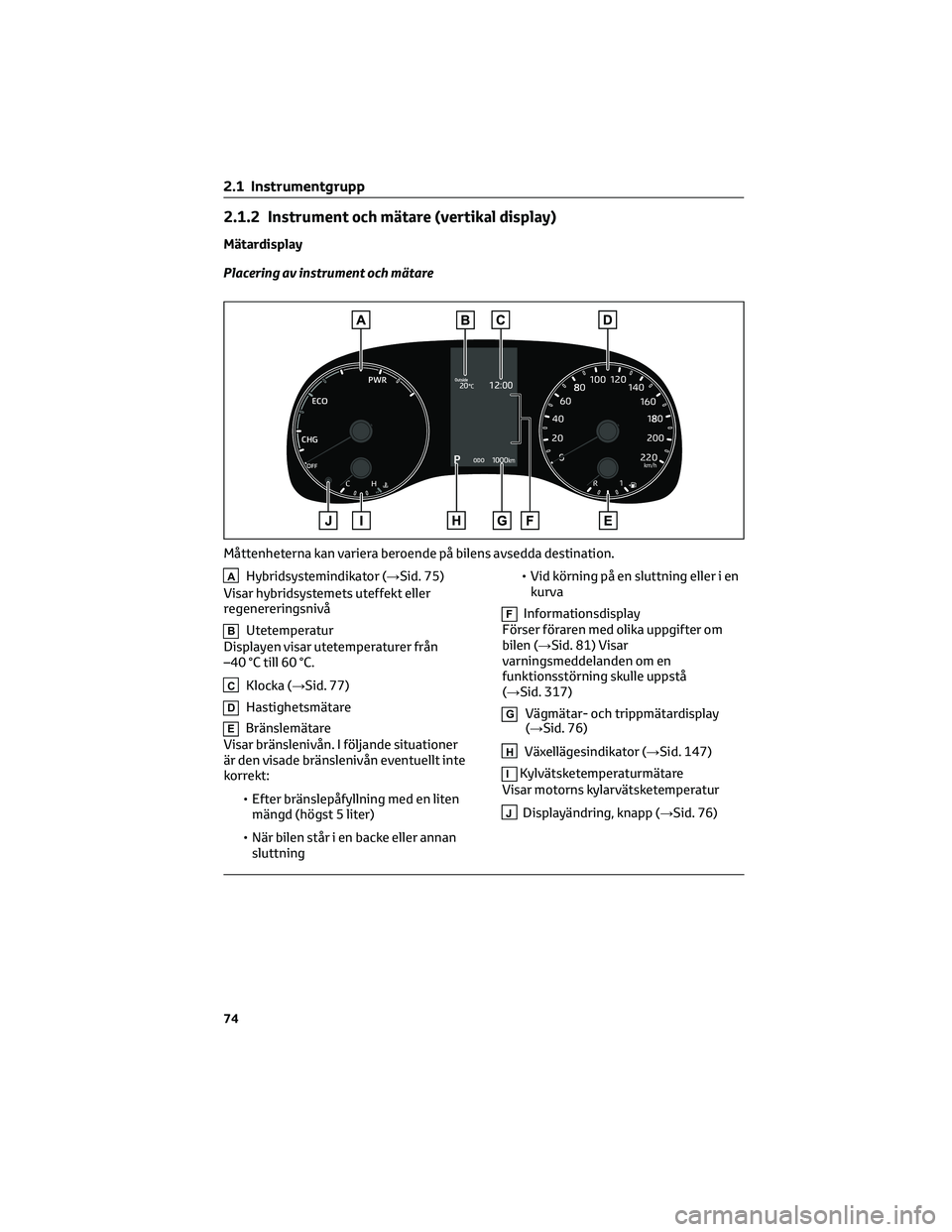 TOYOTA YARIS 2022  Bruksanvisningar (in Swedish) 2.1.2 Instrument och mätare (vertikal display)
Mätardisplay
Placering av instrument och mätare
AHybridsystemindikator (→Sid. 75)
Visar hybridsystemets uteffekt eller
regenereringsnivå
BUtetemper