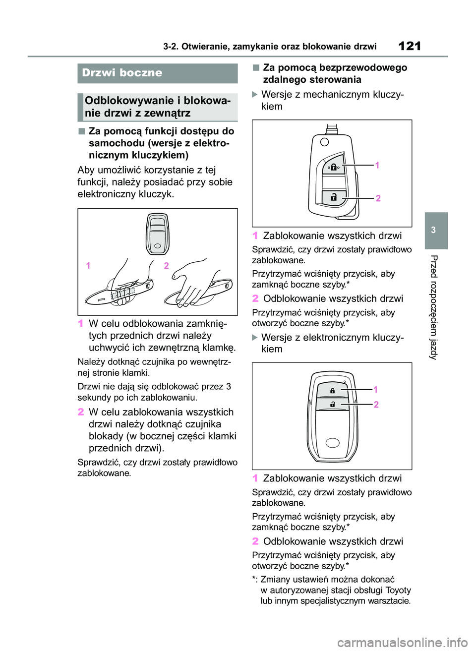 TOYOTA YARIS 2022  Instrukcja obsługi (in Polish) Za pomocà funkcji dost´pu do
samochodu (wersje z elektro-
nicznym kluczykiem)
Aby umo˝liwiç korzystanie z tej
funkcji, nale˝y posiadaç przy sobie
elektroniczny kluczyk.
1W celu odblokowania zamk