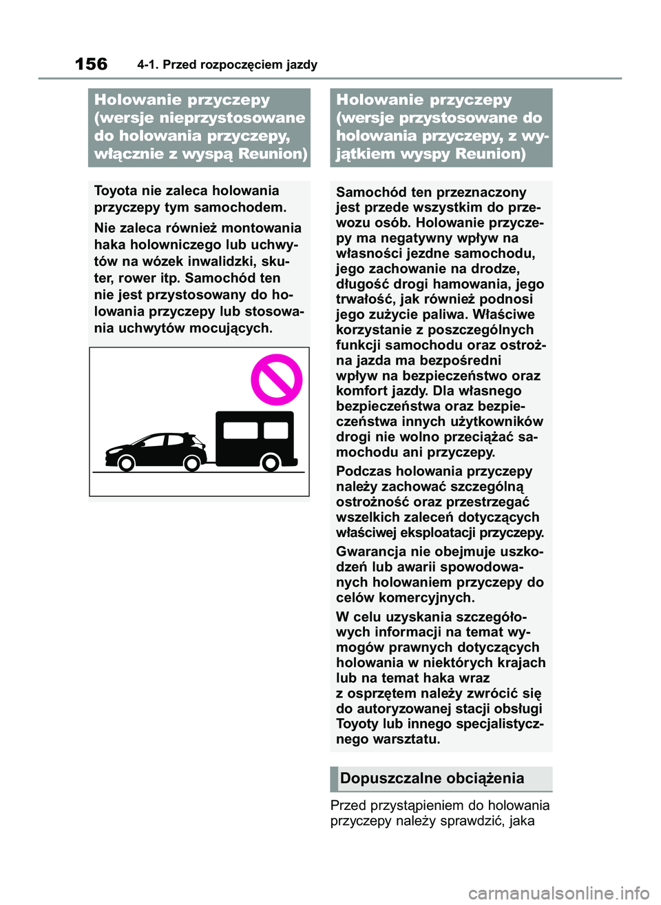 TOYOTA YARIS 2022 Instrukcja obsługi (in Polish) Przed przystàpieniem do holowania
przyczepy nale˝y sprawdziç, jaka
1564-1. Przed rozpocz´ciem jazdy
Holowanie przyczepy
(wersje nieprzystosowane
do holowania przyczepy,
w∏àcznie z wyspà Reunio TOYOTA YARIS 2022 Instrukcja obsługi (in Polish) Przed przystàpieniem do holowania
przyczepy nale˝y sprawdziç, jaka
1564-1. Przed rozpocz´ciem jazdy
Holowanie przyczepy
(wersje nieprzystosowane
do holowania przyczepy,
w∏àcznie z wyspà Reunio