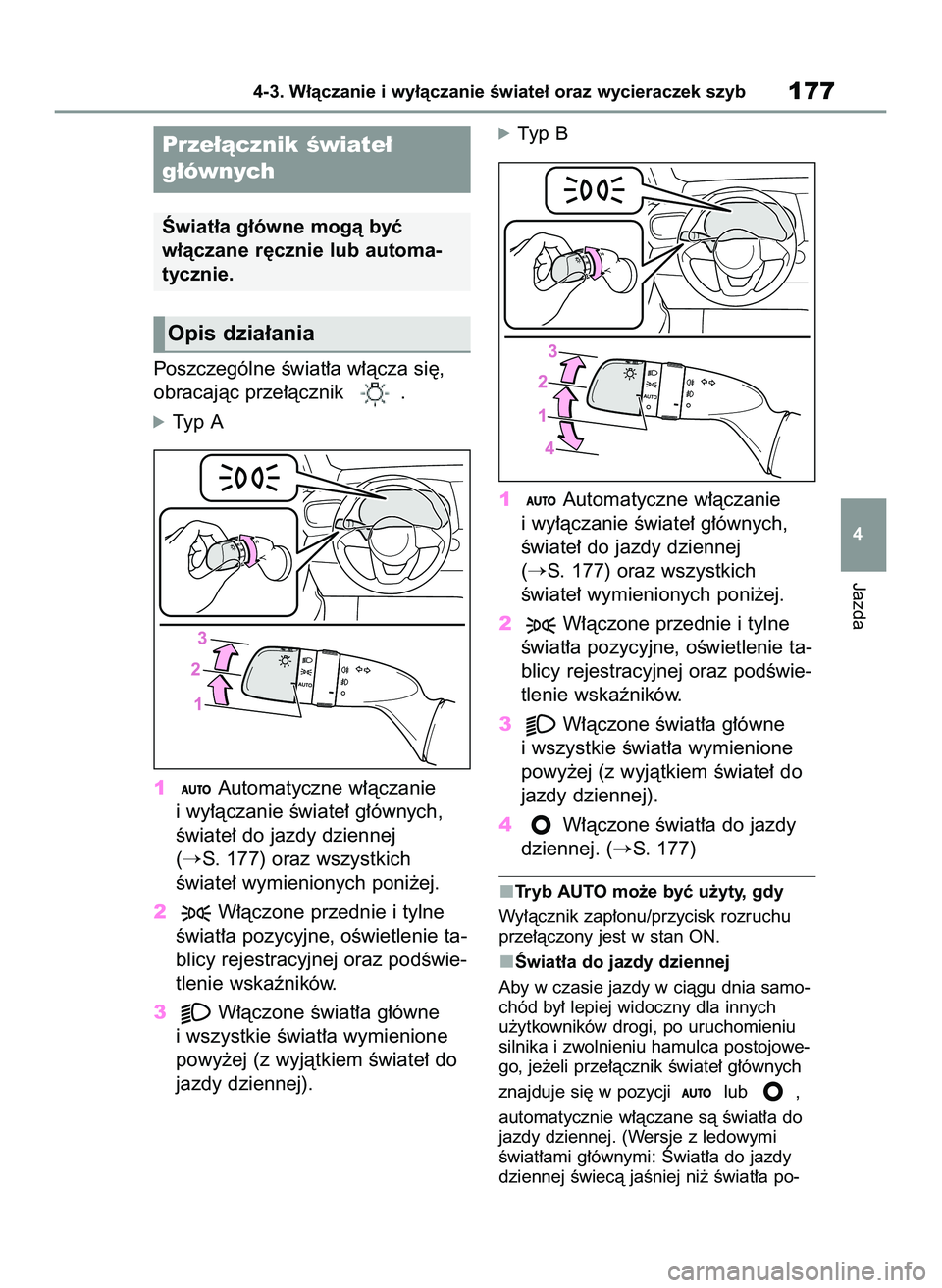 TOYOTA YARIS 2022 Instrukcja obsługi (in Polish) Poszczególne Êwiat∏a w∏àcza si´,
obracajàc prze∏àcznik .
óTyp A
1Automatyczne w∏àczanie
i wy∏àczanie Êwiate∏ g∏ównych,
Êwiate∏ do jazdy dziennej
(
S. 177) oraz wszystkic TOYOTA YARIS 2022 Instrukcja obsługi (in Polish) Poszczególne Êwiat∏a w∏àcza si´,
obracajàc prze∏àcznik .
óTyp A
1Automatyczne w∏àczanie
i wy∏àczanie Êwiate∏ g∏ównych,
Êwiate∏ do jazdy dziennej
(
S. 177) oraz wszystkic