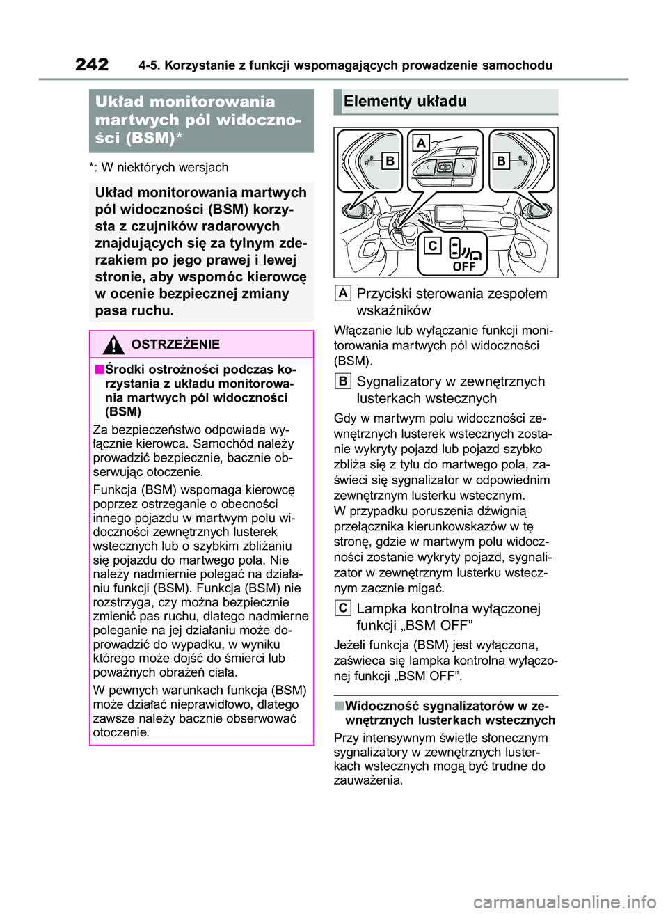 TOYOTA YARIS 2022 Instrukcja obsługi (in Polish) *: W niektórych wersjach
Przyciski sterowania zespo∏em
wskaêników
W∏àczanie lub wy∏àczanie funkcji moni-
torowania mar twych pól widocznoÊci
(BSM).
Sygnalizatory w zewn´trznych
lusterkac TOYOTA YARIS 2022 Instrukcja obsługi (in Polish) *: W niektórych wersjach
Przyciski sterowania zespo∏em
wskaêników
W∏àczanie lub wy∏àczanie funkcji moni-
torowania mar twych pól widocznoÊci
(BSM).
Sygnalizatory w zewn´trznych
lusterkac
