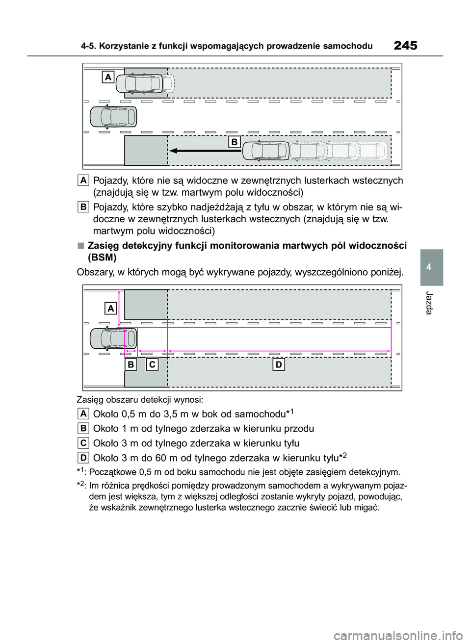 TOYOTA YARIS 2022 Instrukcja obsługi (in Polish) Pojazdy, które nie sà widoczne w zewn´trznych lusterkach wstecznych
(znajdujà si´ w tzw. mar twym polu widocznoÊci)
Pojazdy, które szybko nadje˝d˝ajà z ty∏u w obszar, w którym nie sà wi- TOYOTA YARIS 2022 Instrukcja obsługi (in Polish) Pojazdy, które nie sà widoczne w zewn´trznych lusterkach wstecznych
(znajdujà si´ w tzw. mar twym polu widocznoÊci)
Pojazdy, które szybko nadje˝d˝ajà z ty∏u w obszar, w którym nie sà wi-
