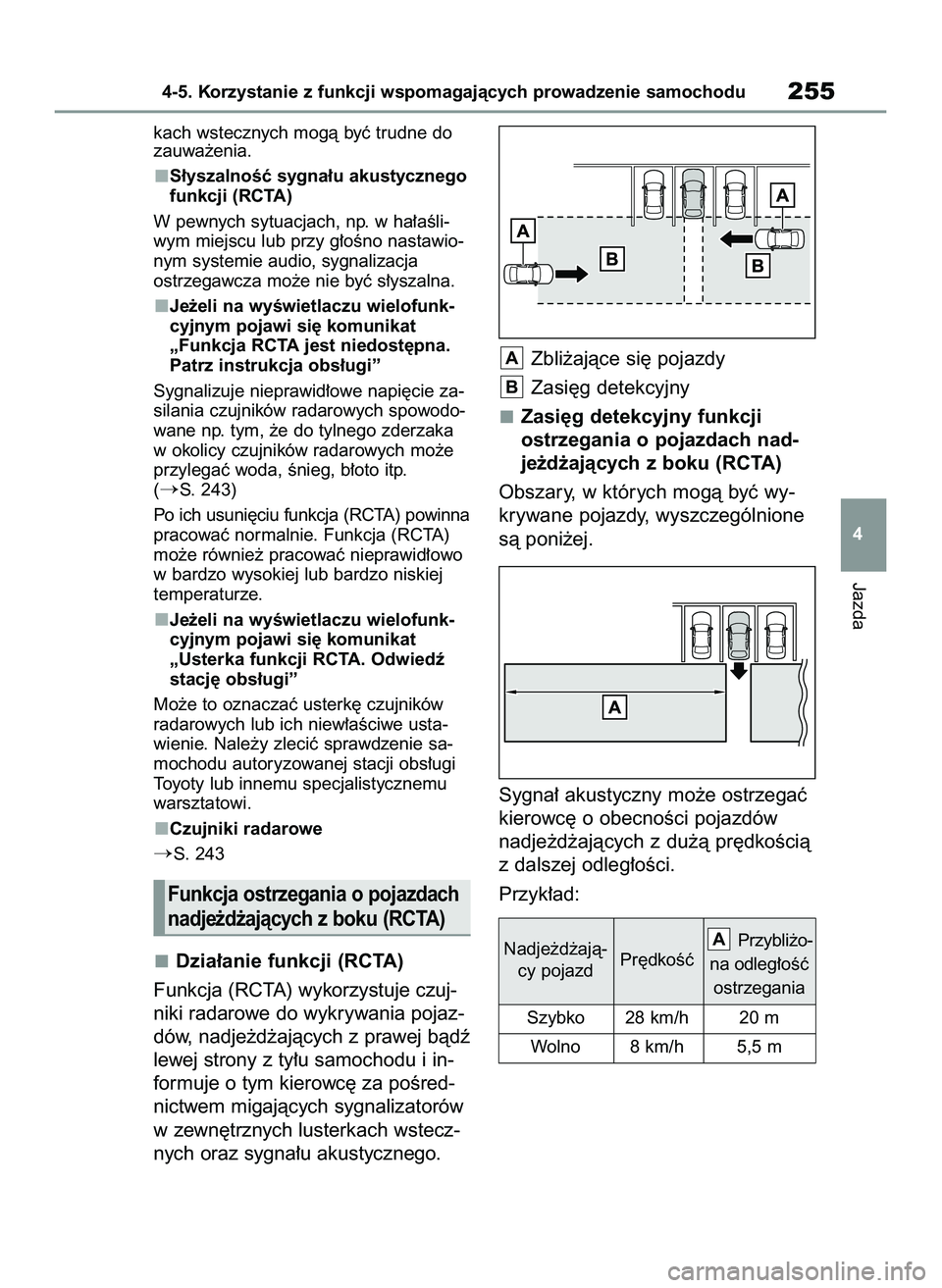 TOYOTA YARIS 2022  Instrukcja obsługi (in Polish) kach wstecznych mogà byç trudne do
zauwa˝enia.
S∏yszalnoÊç sygna∏u akustycznego
funkcji (RCTA)
W pewnych sytuacjach, np. w ha∏aÊli-
wym miejscu lub przy g∏oÊno nastawio-
nym systemie au