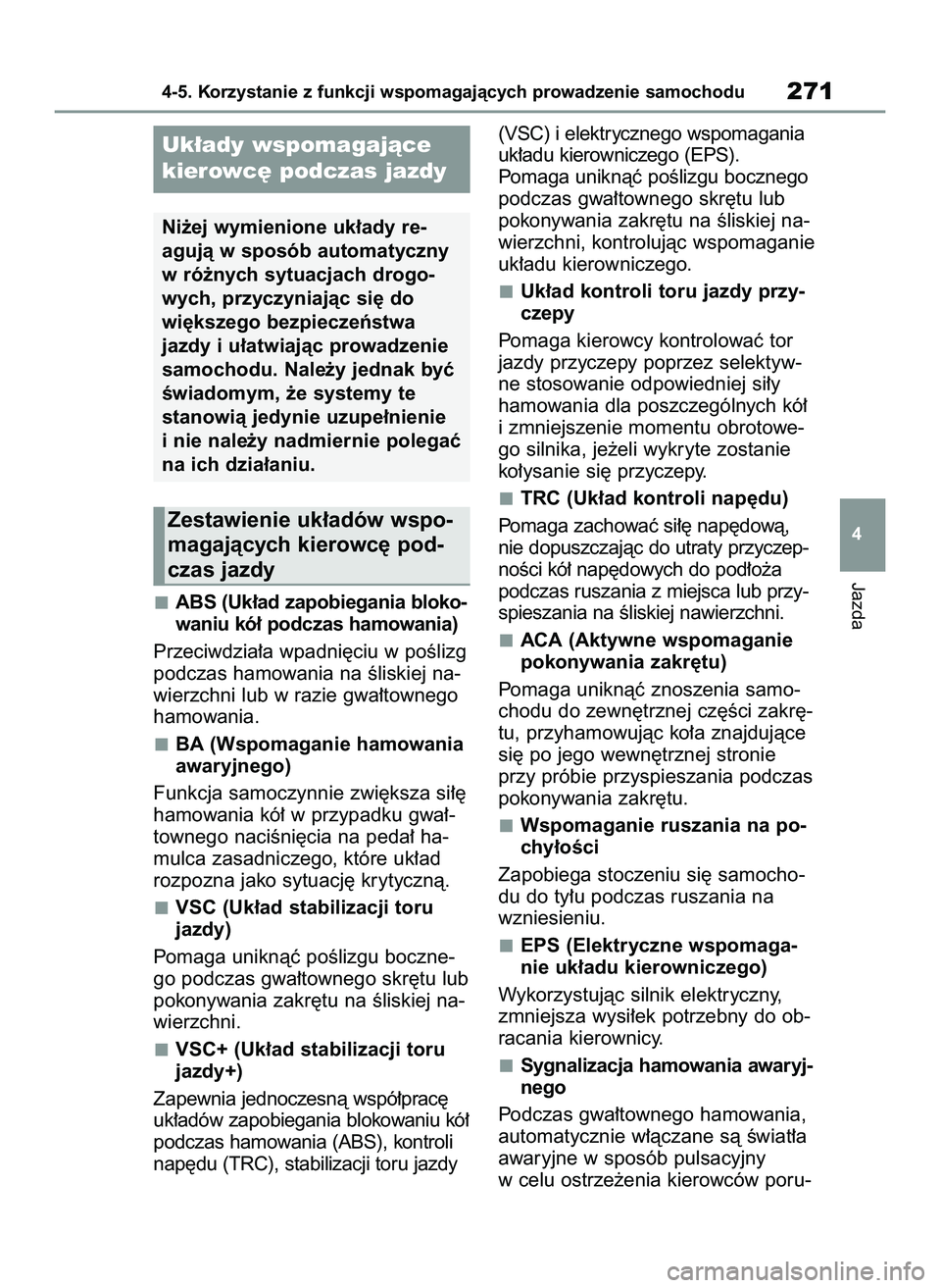 TOYOTA YARIS 2022  Instrukcja obsługi (in Polish) ABS (Uk∏ad zapobiegania bloko-
waniu kó∏ podczas hamowania)
Przeciwdzia∏a wpadni´ciu w poÊlizg
podczas hamowania na Êliskiej na-
wierzchni lub w razie gwa∏townego
hamowania.
BA (Wspomagani