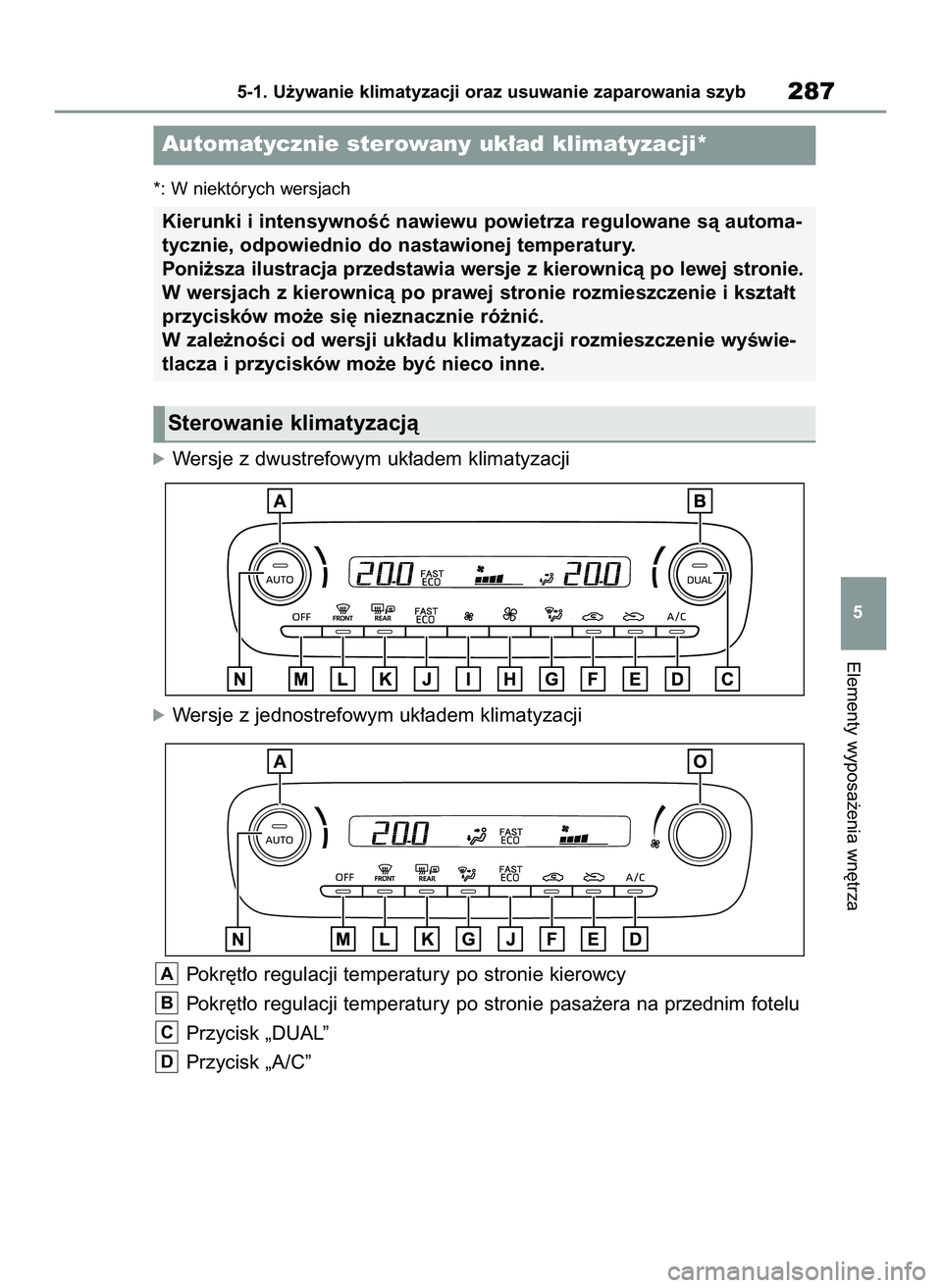 TOYOTA YARIS 2022  Instrukcja obsługi (in Polish) *: W niektórych wersjach
óWersje z dwustrefowym uk∏adem klimatyzacji
óWersje z jednostrefowym uk∏adem klimatyzacji
Pokr´t∏o regulacji temperatury po stronie kierowcy
Pokr´t∏o regulacji te