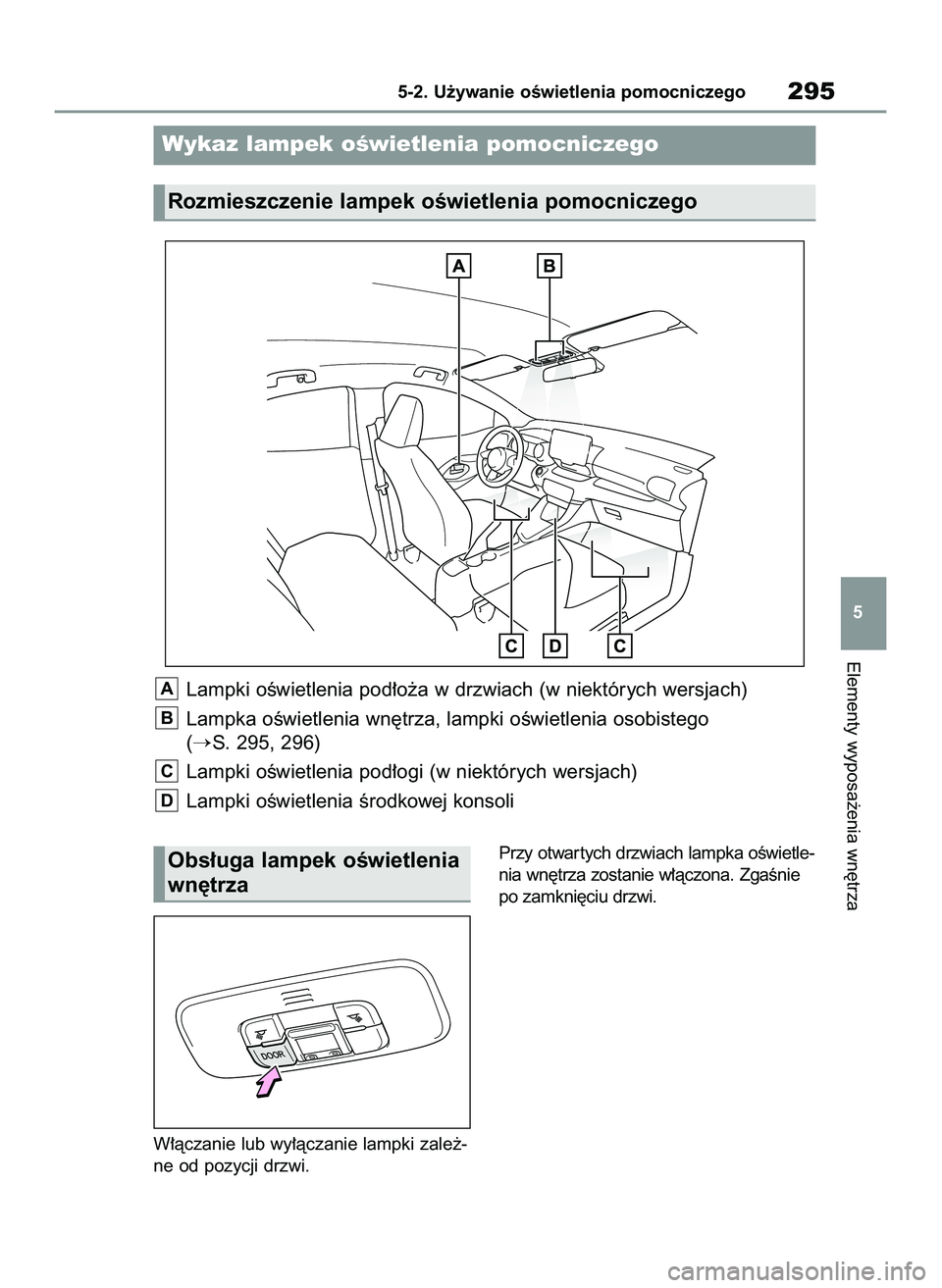 TOYOTA YARIS 2022  Instrukcja obsługi (in Polish) W∏àczanie lub wy∏àczanie lampki zale˝-
ne od pozycji drzwi.Przy otwar tych drzwiach lampka oÊwietle-
nia wn´trza zostanie w∏àczona. ZgaÊnie
po zamkni´ciu drzwi.
Elementy wyposa˝enia wn