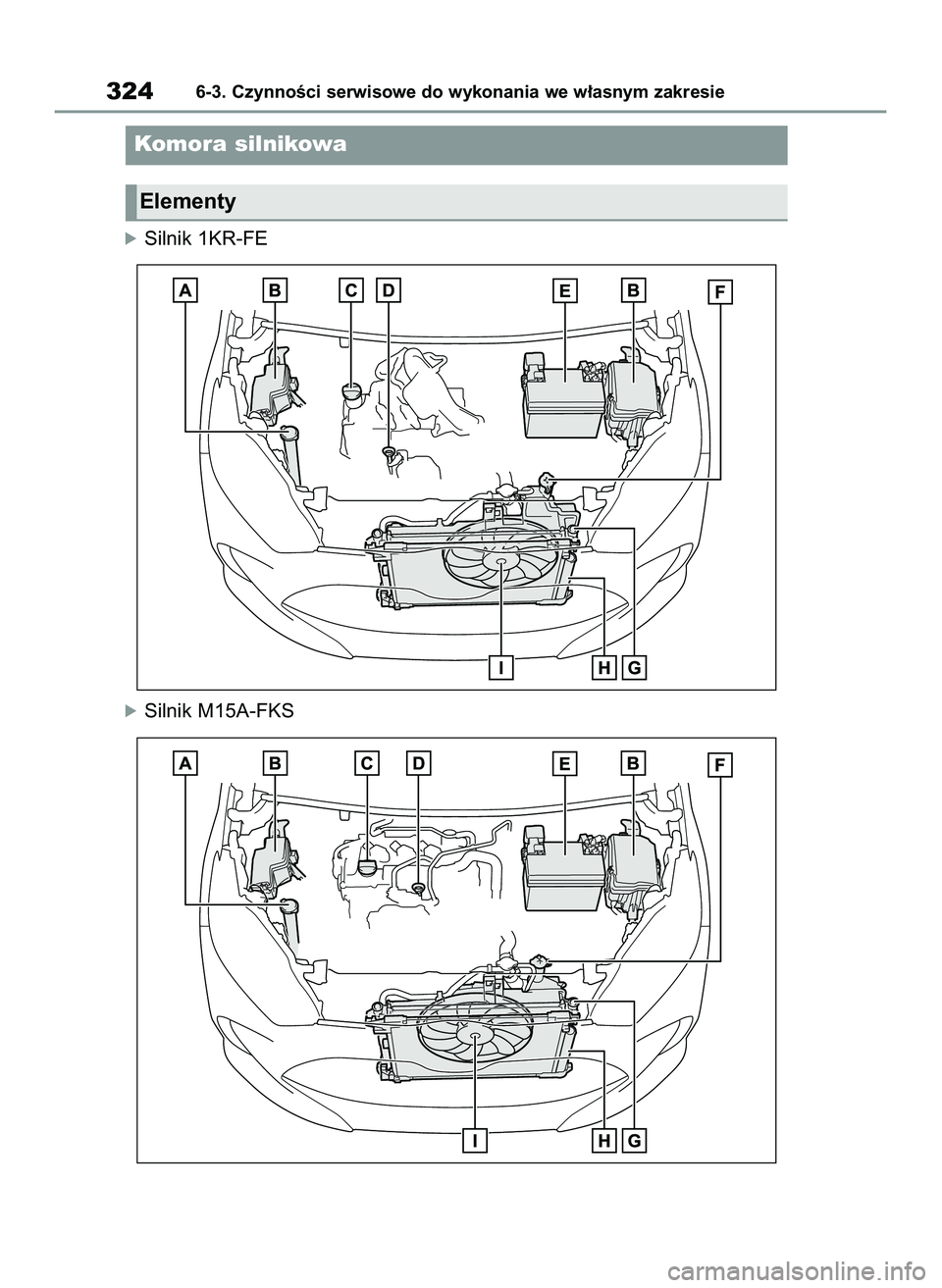 TOYOTA YARIS 2022  Instrukcja obsługi (in Polish) óSilnik 1KR-FE
óSilnik M15A-FKS
3246-3. CzynnoÊci serwisowe do wykonania we w∏asnym zakresie
Komora silnikowa
Elementy
42 Yaris OM52N25E  9/14/21  10:54 AM  Page 324 