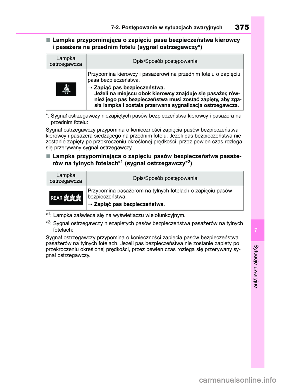TOYOTA YARIS 2022 Instrukcja obsługi (in Polish) Lampka przypominajàca o zapi´ciu pasa bezpieczeƒstwa kierowcy
i pasa˝era na przednim fotelu (sygna∏ ostrzegawczy*)
*: Sygna∏ ostrzegawczy niezapi´tych pasów bezpieczeƒstwa kierowcy i pasa˝ TOYOTA YARIS 2022 Instrukcja obsługi (in Polish) Lampka przypominajàca o zapi´ciu pasa bezpieczeƒstwa kierowcy
i pasa˝era na przednim fotelu (sygna∏ ostrzegawczy*)
*: Sygna∏ ostrzegawczy niezapi´tych pasów bezpieczeƒstwa kierowcy i pasa˝