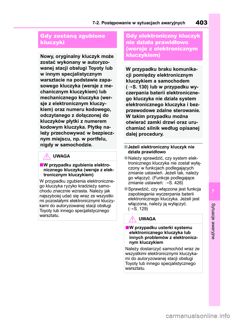 TOYOTA YARIS 2022 Instrukcja obsługi (in Polish) Je˝eli elektroniczny kluczyk nie
dzia∏a prawid∏owo
Nale˝y sprawdziç, czy system elek-
tronicznego kluczyka nie zosta∏ wy∏à-
czony w funkcjach podlegajàcych
zmianie ustawieƒ. Je˝eli tak, TOYOTA YARIS 2022 Instrukcja obsługi (in Polish) Je˝eli elektroniczny kluczyk nie
dzia∏a prawid∏owo
Nale˝y sprawdziç, czy system elek-
tronicznego kluczyka nie zosta∏ wy∏à-
czony w funkcjach podlegajàcych
zmianie ustawieƒ. Je˝eli tak,
