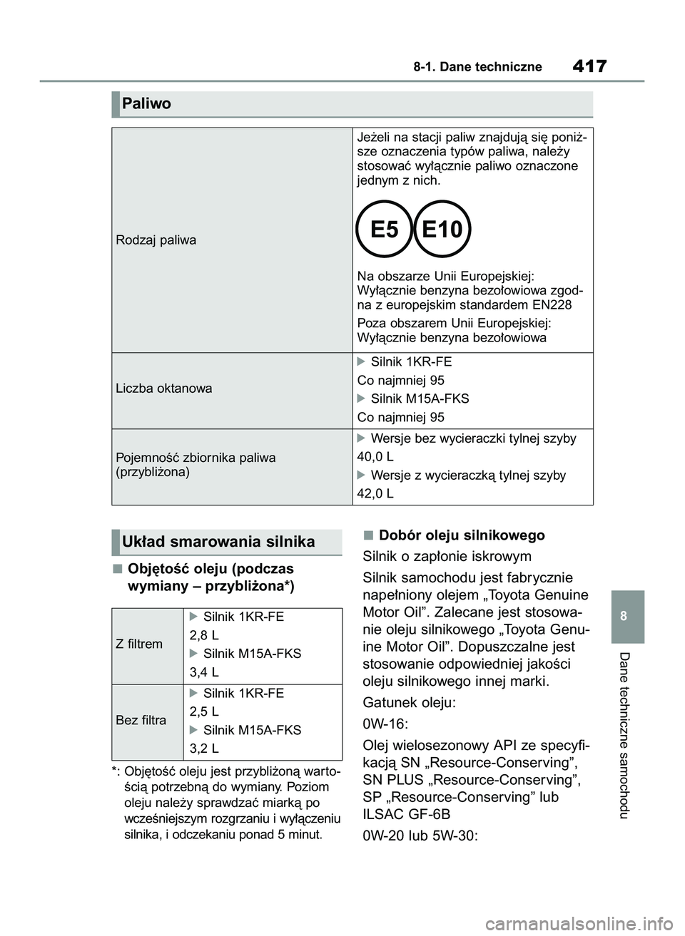 TOYOTA YARIS 2022 Instrukcja obsługi (in Polish) Obj´toÊç oleju (podczas
wymiany – przybli˝ona*)
*: Obj´toÊç oleju jest przybli˝onà war to-
Êcià potrzebnà do wymiany. Poziom
oleju nale˝y sprawdzaç miarkà po
wczeÊniejszym rozgrzani TOYOTA YARIS 2022 Instrukcja obsługi (in Polish) Obj´toÊç oleju (podczas
wymiany – przybli˝ona*)
*: Obj´toÊç oleju jest przybli˝onà war to-
Êcià potrzebnà do wymiany. Poziom
oleju nale˝y sprawdzaç miarkà po
wczeÊniejszym rozgrzani