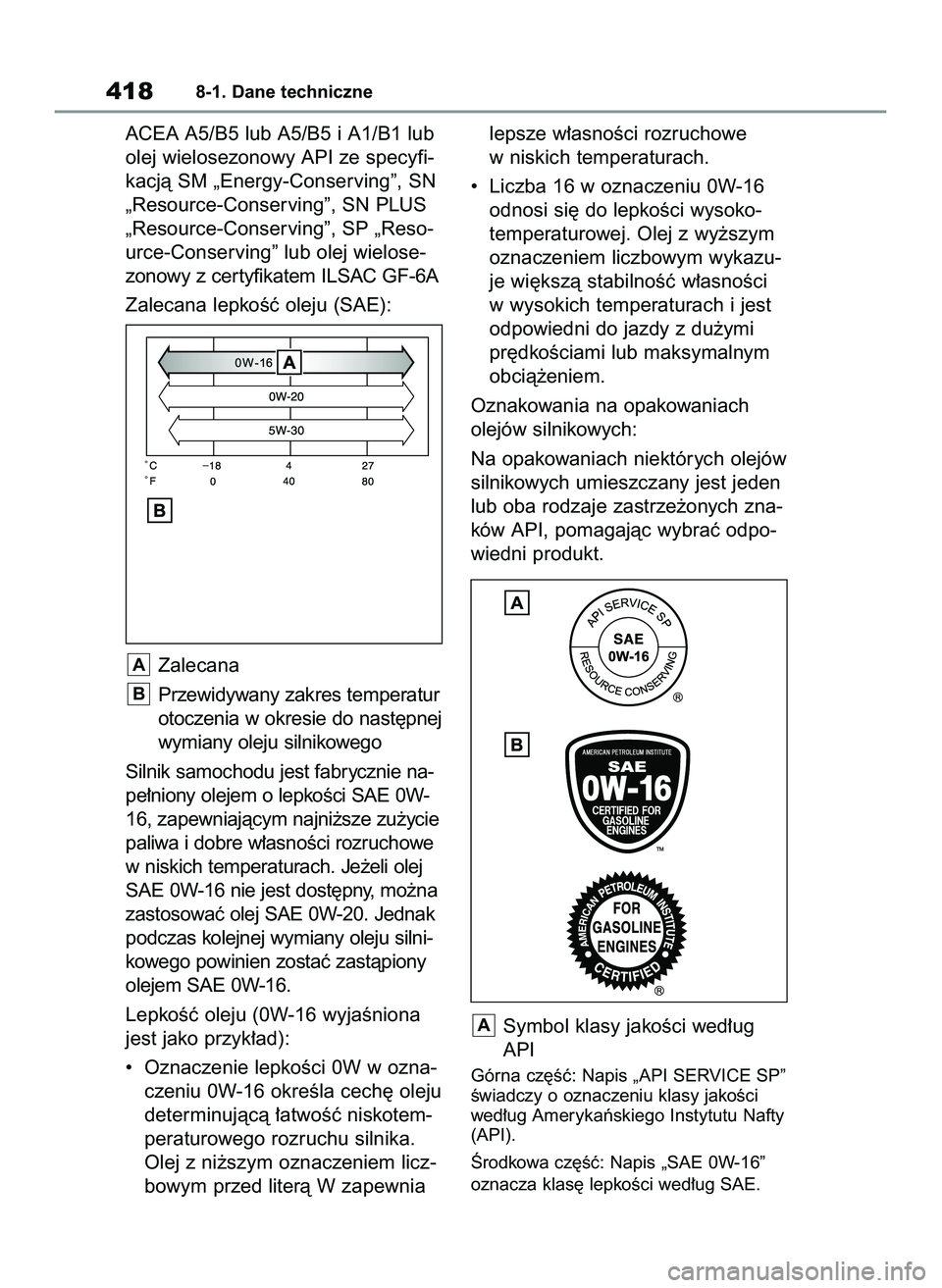 TOYOTA YARIS 2022 Instrukcja obsługi (in Polish) ACEA A5/B5 lub A5/B5 i A1/B1 lub
olej wielosezonowy API ze specyfi-
kacjà SM „Energy-Conserving”, SN
„Resource-Conserving”, SN PLUS
„Resource-Conserving”, SP „Reso-
urce-Conserving” l TOYOTA YARIS 2022 Instrukcja obsługi (in Polish) ACEA A5/B5 lub A5/B5 i A1/B1 lub
olej wielosezonowy API ze specyfi-
kacjà SM „Energy-Conserving”, SN
„Resource-Conserving”, SN PLUS
„Resource-Conserving”, SP „Reso-
urce-Conserving” l