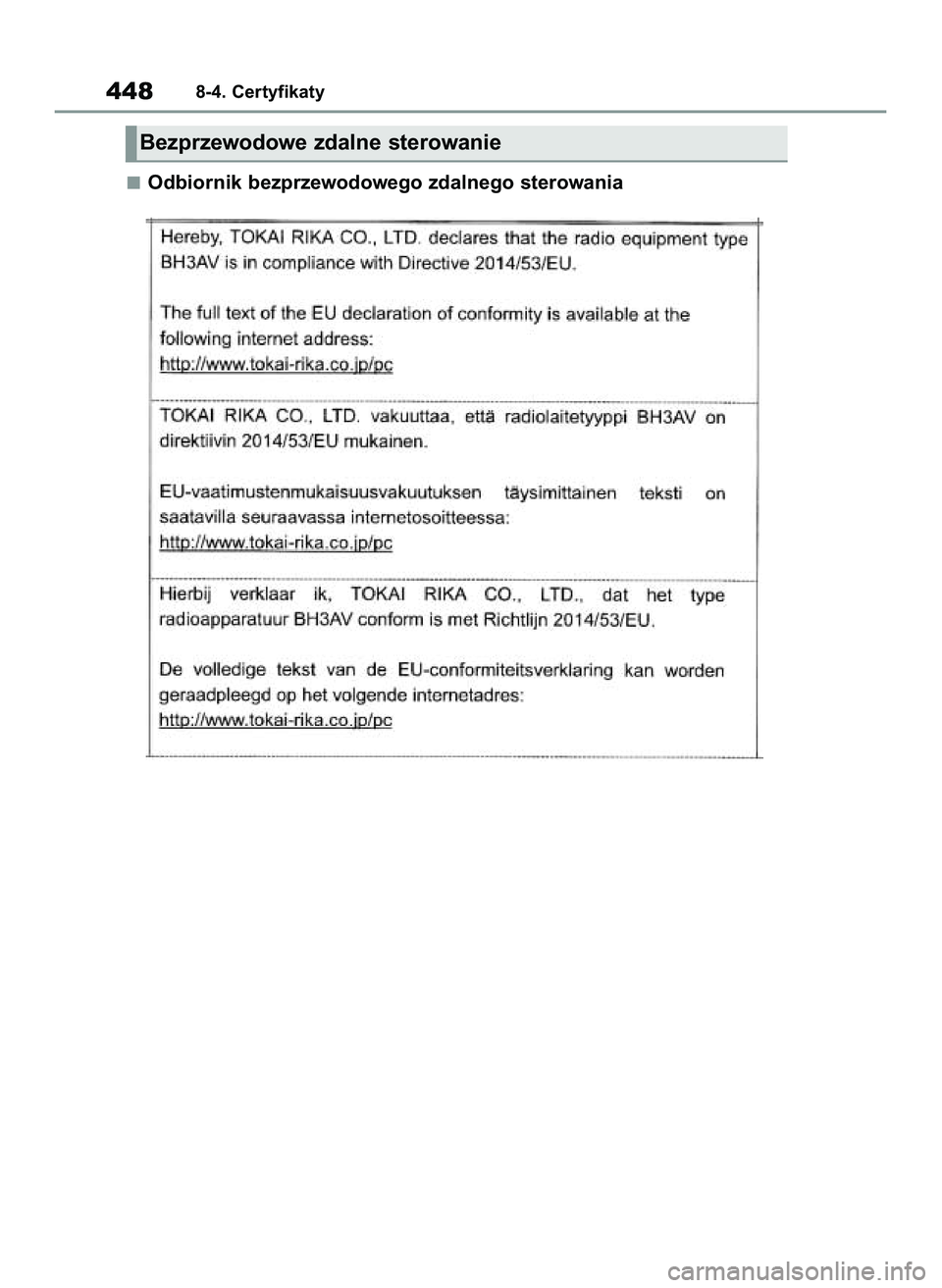 TOYOTA YARIS 2022  Instrukcja obsługi (in Polish) Odbiornik bezprzewodowego zdalnego sterowania
4488-4. Certyfikaty
Bezprzewodowe zdalne sterowanie
42 Yaris OM52N25E  9/14/21  10:55 AM  Page 448 