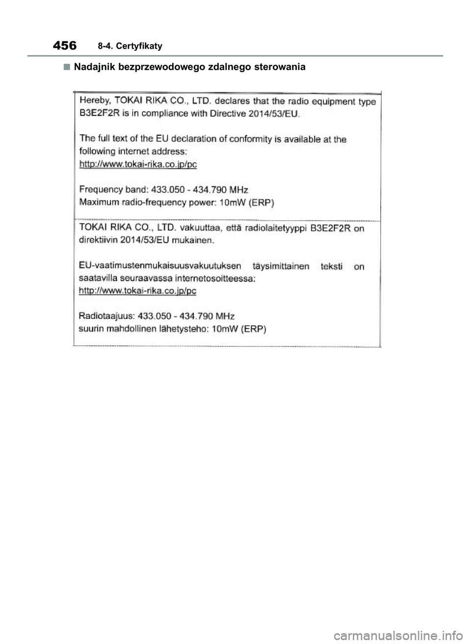 TOYOTA YARIS 2022  Instrukcja obsługi (in Polish) Nadajnik bezprzewodowego zdalnego sterowania
4568-4. Certyfikaty
42 Yaris OM52N25E  9/14/21  10:55 AM  Page 456 