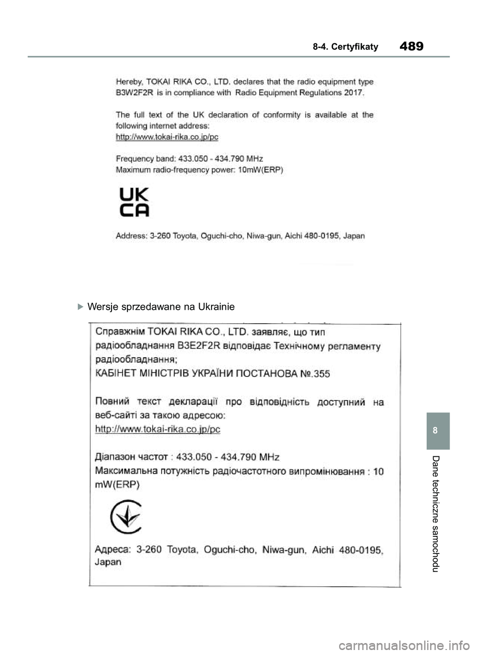 TOYOTA YARIS 2022  Instrukcja obsługi (in Polish) óWersje sprzedawane na Ukrainie
Dane techniczne samochodu
8-4. Certyfikaty489
8
42 Yaris OM52N25E  9/14/21  10:55 AM  Page 489 