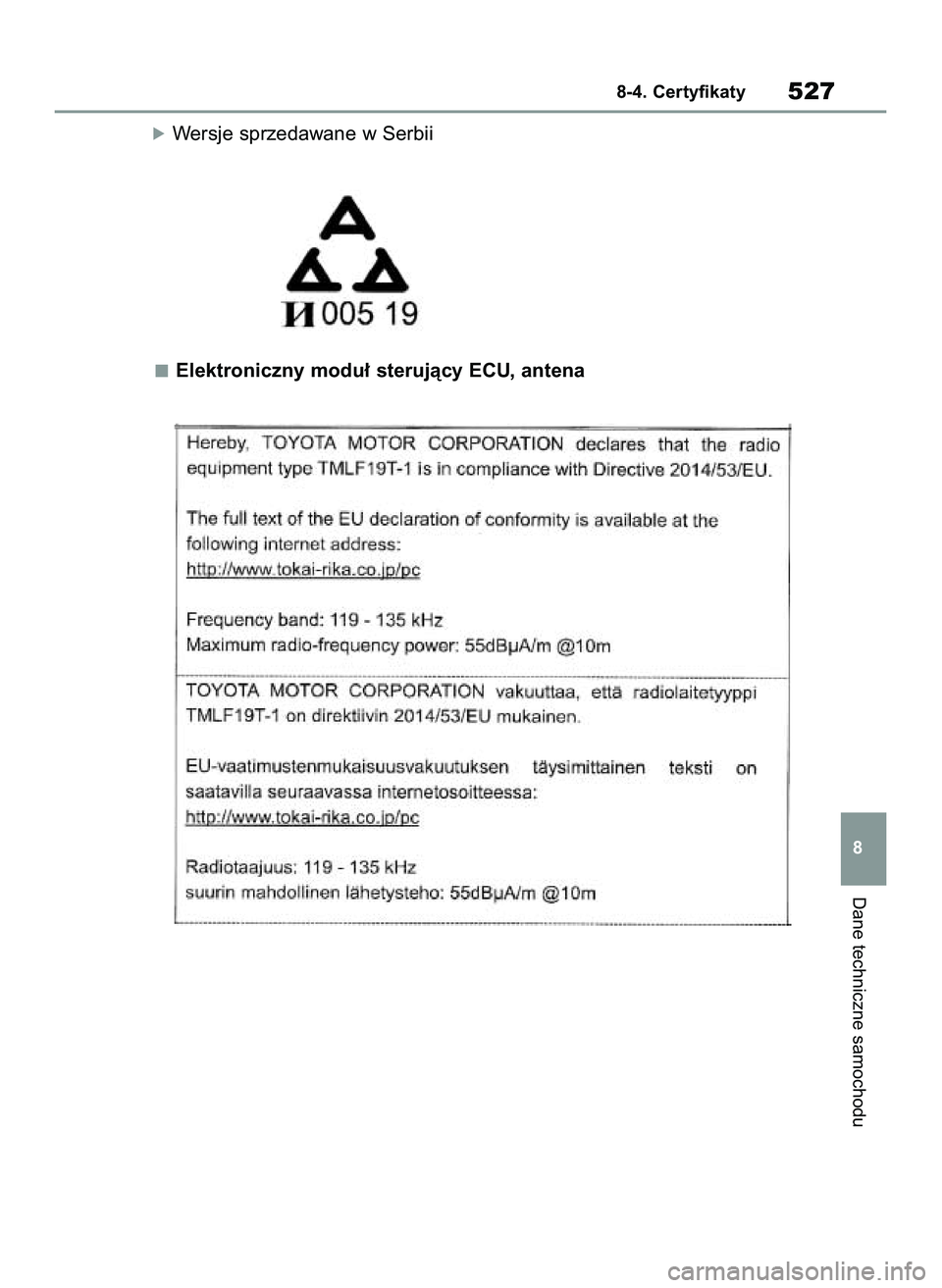 TOYOTA YARIS 2022  Instrukcja obsługi (in Polish) óWersje sprzedawane w Serbii
Elektroniczny modu∏ sterujàcy ECU, antena
Dane techniczne samochodu
8-4. Certyfikaty527
8
42 Yaris OM52N25E  9/14/21  10:55 AM  Page 527 