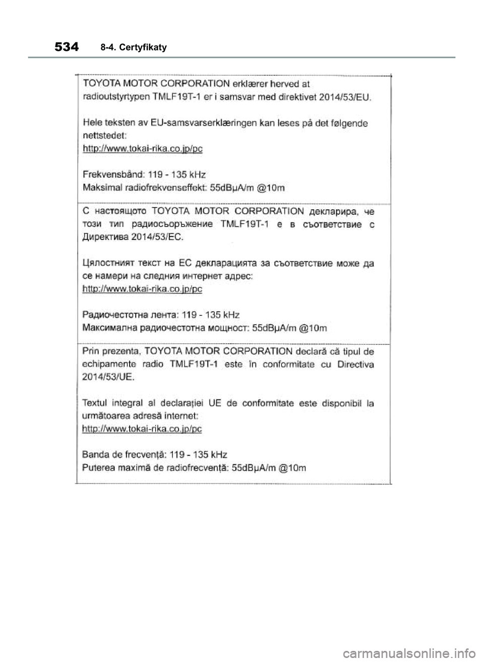 TOYOTA YARIS 2022  Instrukcja obsługi (in Polish) 5348-4. Certyfikaty
42 Yaris OM52N25E  9/14/21  10:55 AM  Page 534 