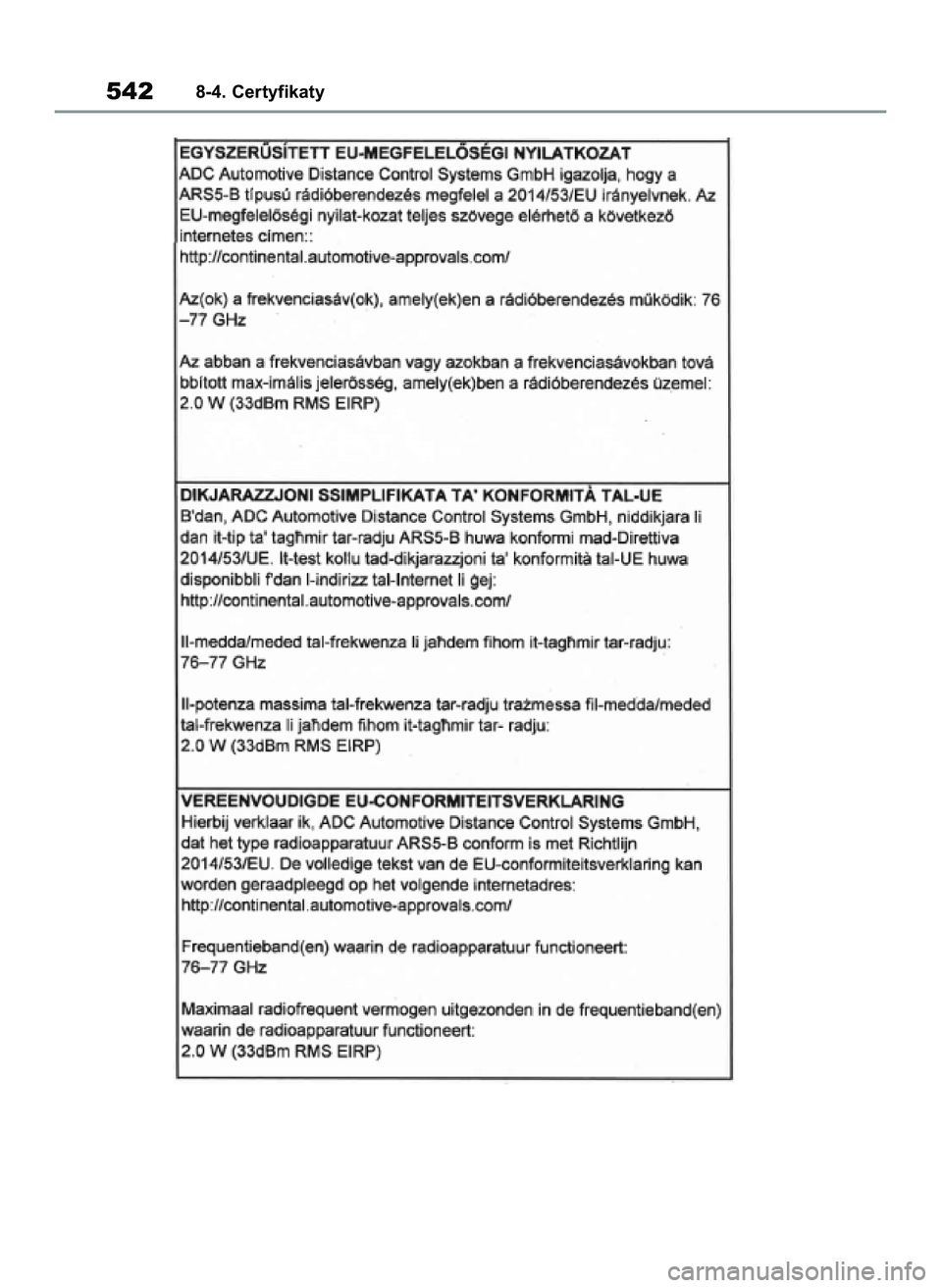 TOYOTA YARIS 2022  Instrukcja obsługi (in Polish) 5428-4. Certyfikaty
42 Yaris OM52N25E  9/14/21  10:55 AM  Page 542 