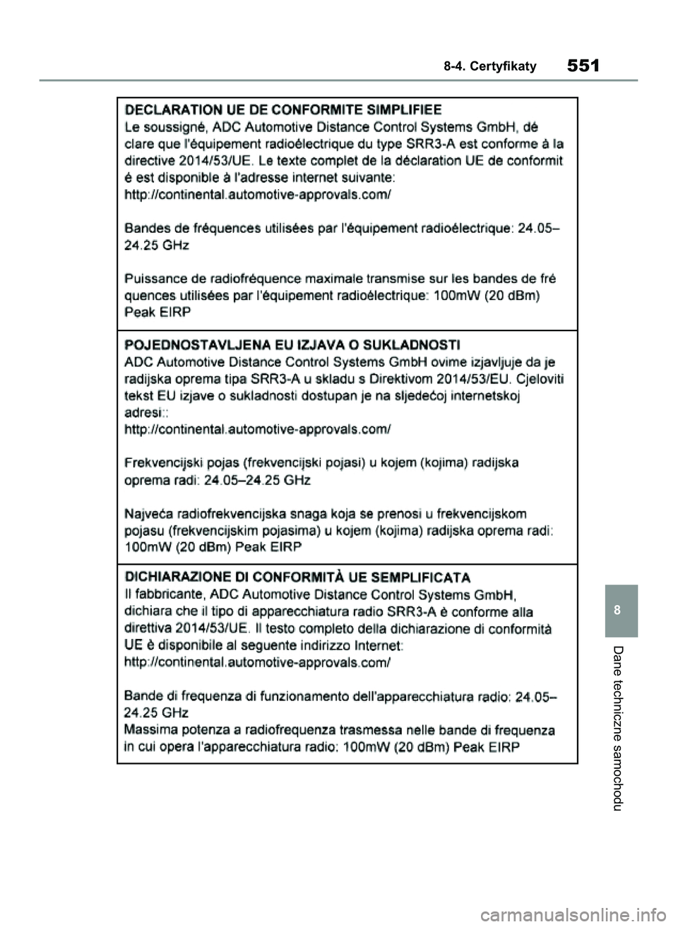 TOYOTA YARIS 2022  Instrukcja obsługi (in Polish) Dane techniczne samochodu
8-4. Certyfikaty551
8
42 Yaris OM52N25E  9/14/21  10:56 AM  Page 551 