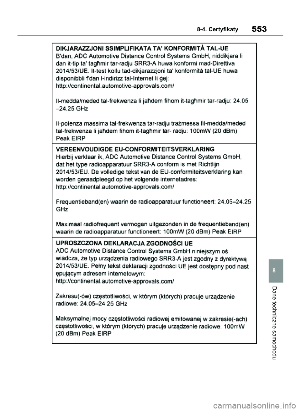 TOYOTA YARIS 2022  Instrukcja obsługi (in Polish) Dane techniczne samochodu
8-4. Certyfikaty553
8
42 Yaris OM52N25E  9/14/21  10:56 AM  Page 553 