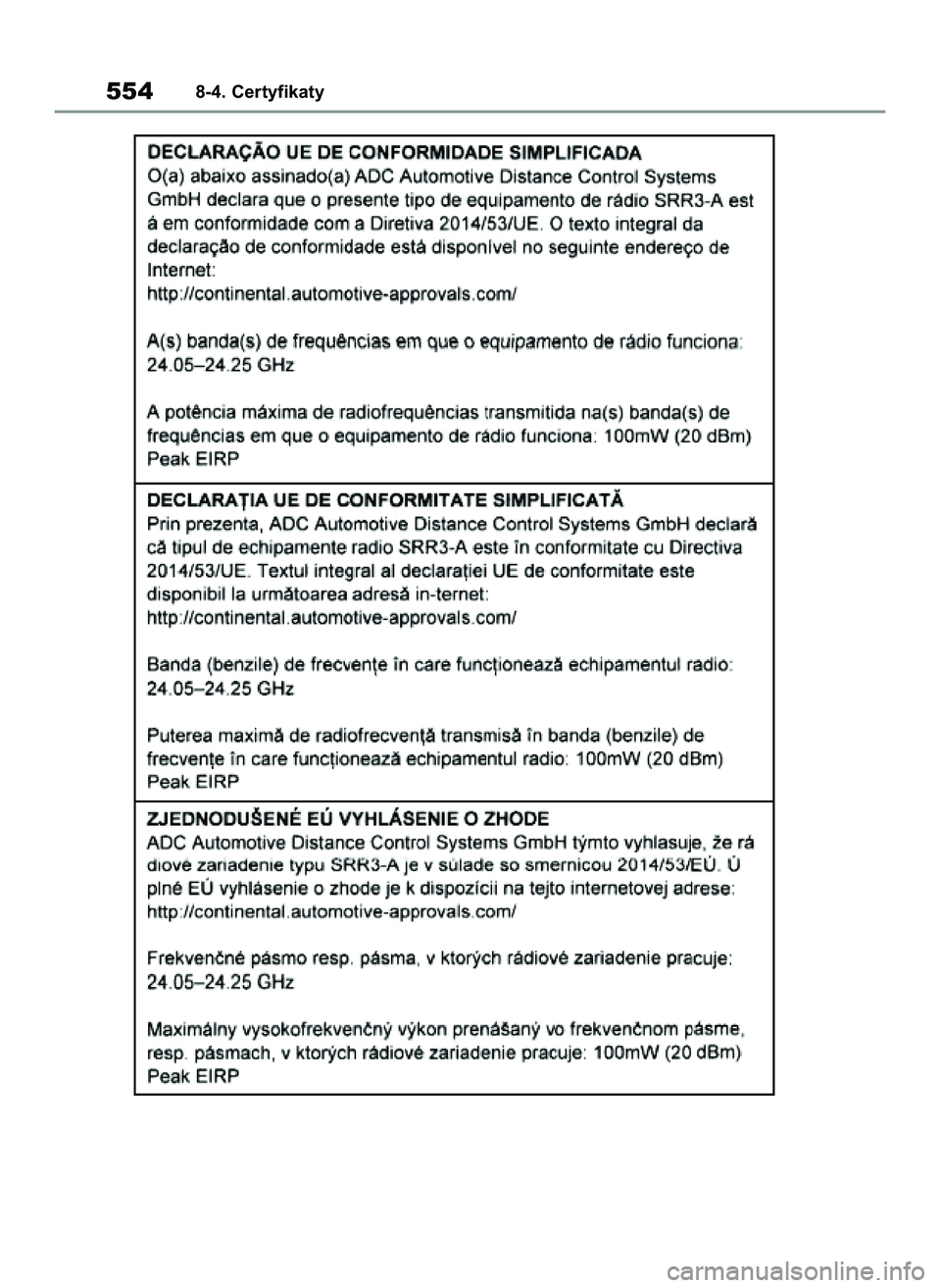 TOYOTA YARIS 2022  Instrukcja obsługi (in Polish) 5548-4. Certyfikaty
42 Yaris OM52N25E  9/14/21  10:56 AM  Page 554 