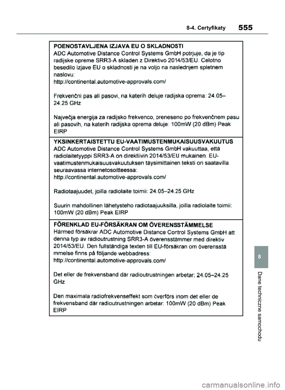 TOYOTA YARIS 2022  Instrukcja obsługi (in Polish) Dane techniczne samochodu
8-4. Certyfikaty555
8
42 Yaris OM52N25E  9/14/21  10:56 AM  Page 555 