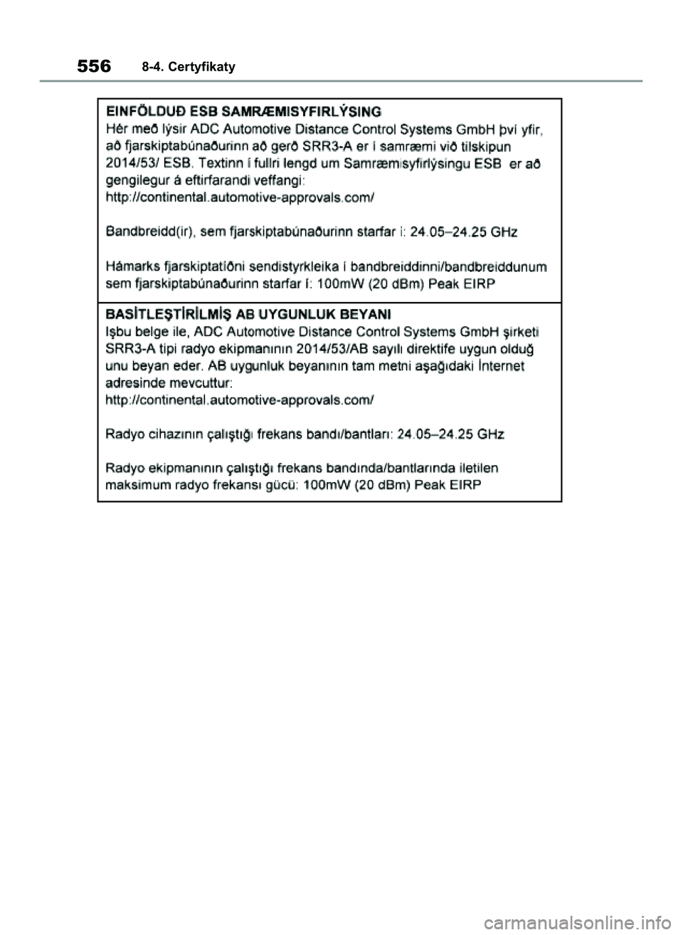 TOYOTA YARIS 2022  Instrukcja obsługi (in Polish) 5568-4. Certyfikaty
42 Yaris OM52N25E  9/14/21  10:56 AM  Page 556 