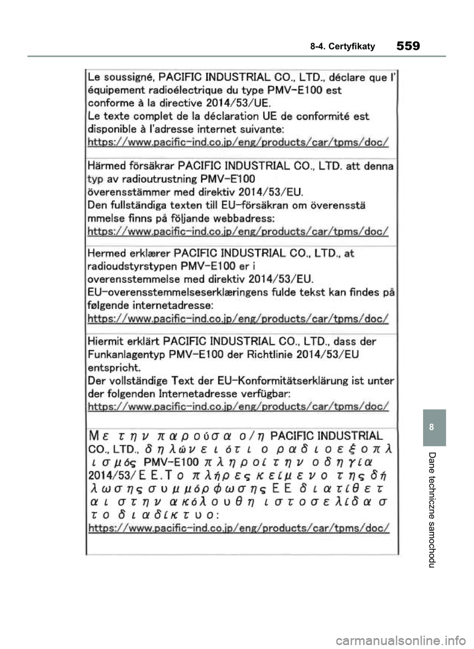 TOYOTA YARIS 2022  Instrukcja obsługi (in Polish) Dane techniczne samochodu
8-4. Certyfikaty559
8
42 Yaris OM52N25E  9/14/21  10:56 AM  Page 559 