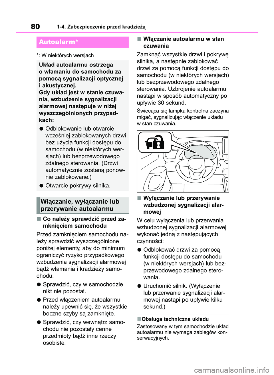 TOYOTA YARIS 2022 Instrukcja obsługi (in Polish) *: W niektórych wersjach
Co nale˝y sprawdziç przed za-
mkni´ciem samochodu
Przed zamkni´ciem samochodu na-
le˝y sprawdziç wyszczególnione
poni˝ej elementy, aby do minimum
ograniczyç ryzyko p TOYOTA YARIS 2022 Instrukcja obsługi (in Polish) *: W niektórych wersjach
Co nale˝y sprawdziç przed za-
mkni´ciem samochodu
Przed zamkni´ciem samochodu na-
le˝y sprawdziç wyszczególnione
poni˝ej elementy, aby do minimum
ograniczyç ryzyko p