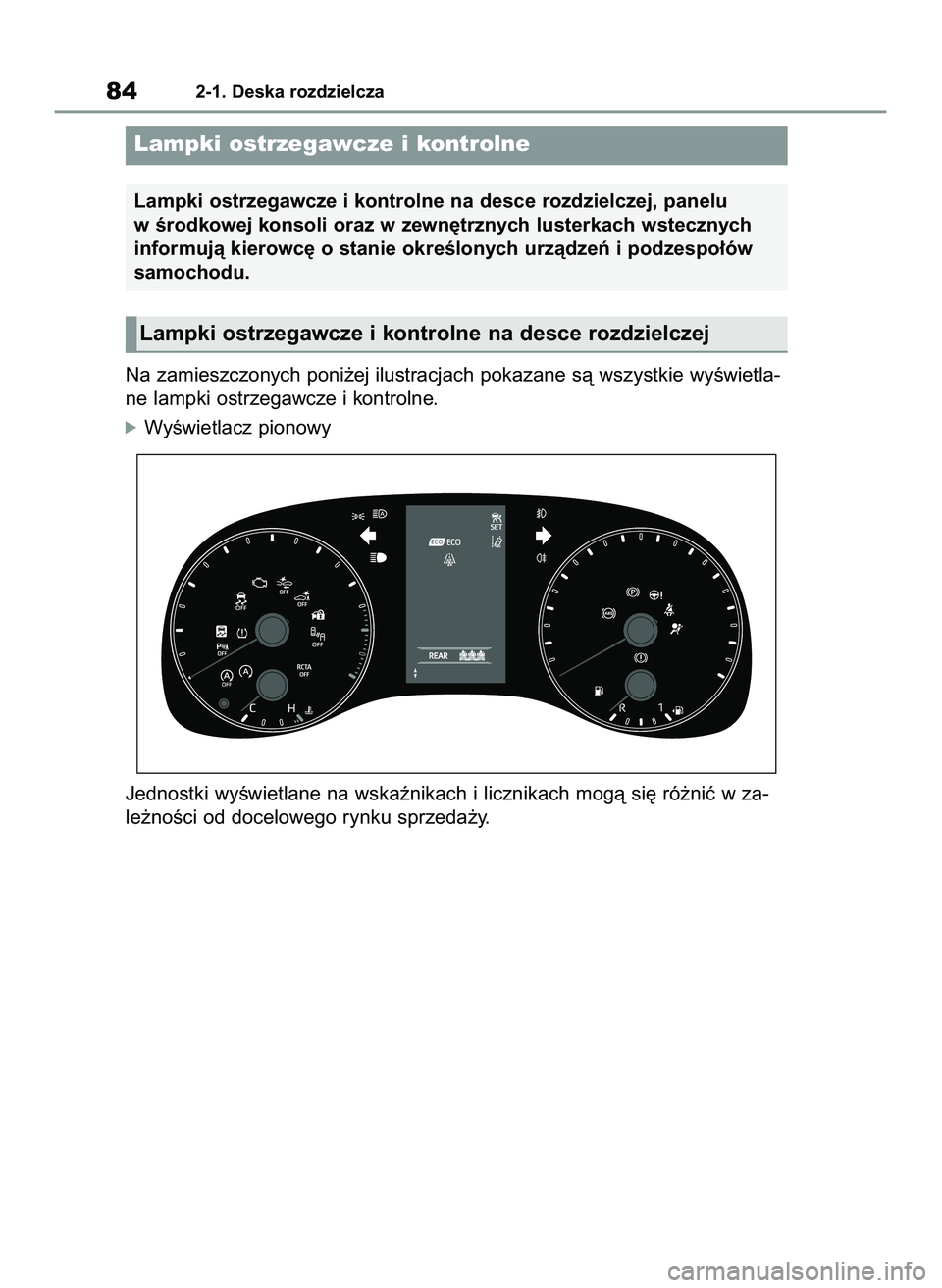 TOYOTA YARIS 2022  Instrukcja obsługi (in Polish) Na zamieszczonych poni˝ej ilustracjach pokazane sà wszystkie wyÊwietla-
ne lampki ostrzegawcze i kontrolne.
óWyÊwietlacz pionowy
Jednostki wyÊwietlane na wskaênikach i licznikach mogà si´ ró
