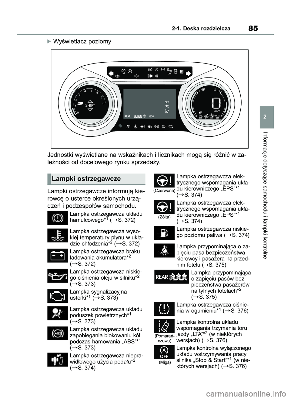 TOYOTA YARIS 2022 Instrukcja obsługi (in Polish) Lampki ostrzegawcze informujà kie-
rowc´ o usterce okreÊlonych urzà-
dzeƒ i podzespo∏ów samochodu.
Lampka ostrzegawcza uk∏adu
hamulcowego*1(S. 372)
Lampka ostrzegawcza wyso-
kiej temperatur TOYOTA YARIS 2022 Instrukcja obsługi (in Polish) Lampki ostrzegawcze informujà kie-
rowc´ o usterce okreÊlonych urzà-
dzeƒ i podzespo∏ów samochodu.
Lampka ostrzegawcza uk∏adu
hamulcowego*1(S. 372)
Lampka ostrzegawcza wyso-
kiej temperatur