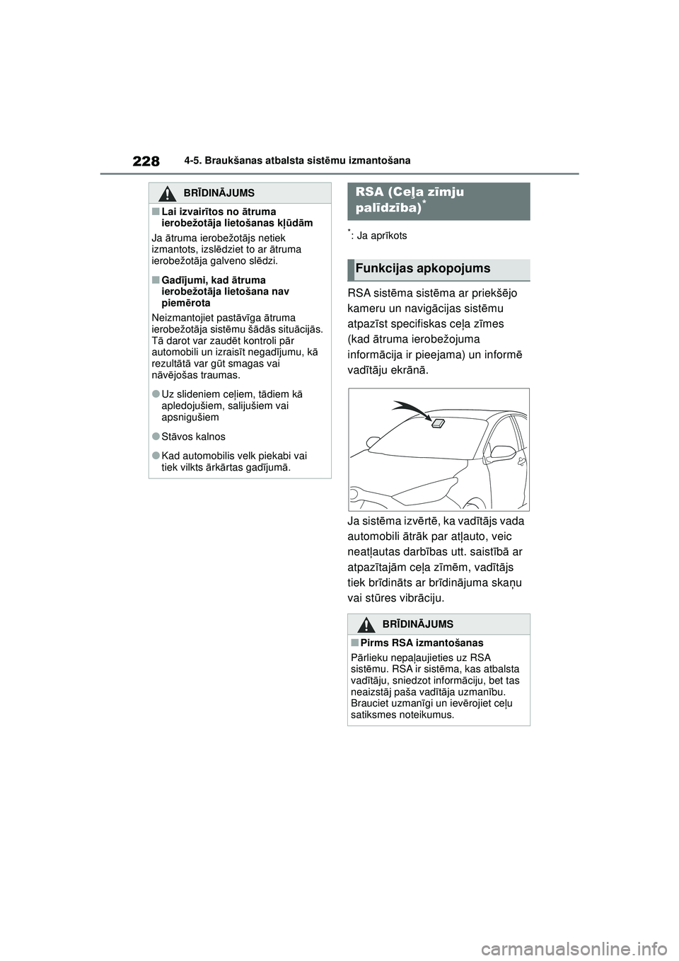 TOYOTA YARIS 2022  Lietošanas Instrukcija (in Latvian) 228
Owners Manual_Europe_M52M05_LV
4-5. Braukšanas atbalsta sistēmu izmantošana
*: Ja apr īkots
RSA sist ēma sist ēma ar priekš ējo 
kameru un navig ācijas sist ēmu 
atpaz īst specifiskas c