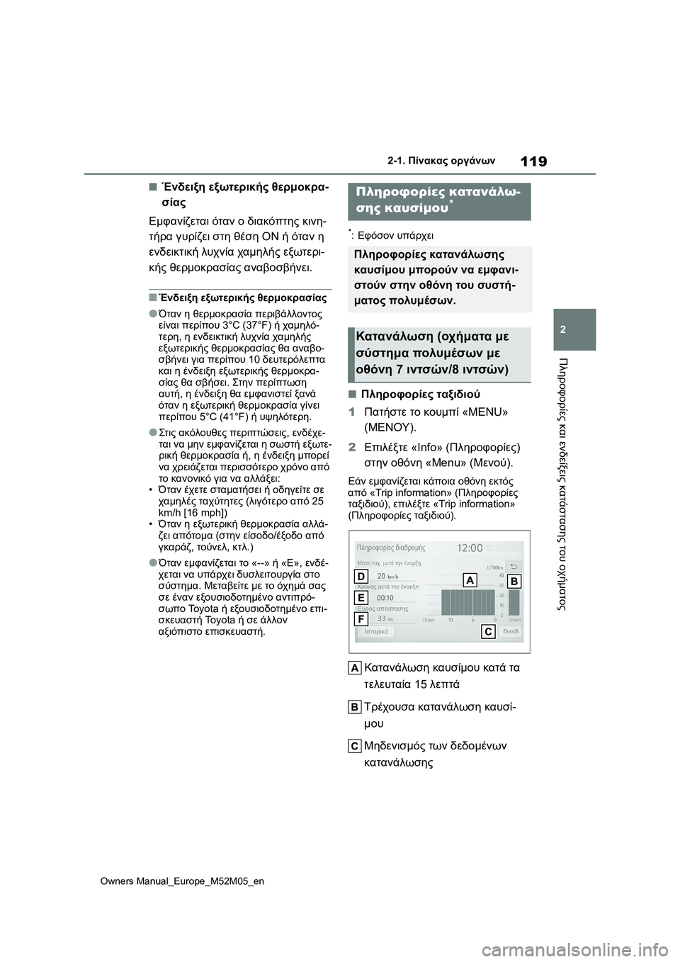 TOYOTA YARIS 2022 ΟΔΗΓΌΣ ΧΡΉΣΗΣ (in Greek) 119
2
Owners Manual_Europe_M52M05_en
2-1. Πίνακας οργάνων
Πληροφορίες και ενδείξεις κατάστασης του οχήματος
■Ένδειξη εξωτερικ TOYOTA YARIS 2022 ΟΔΗΓΌΣ ΧΡΉΣΗΣ (in Greek) 119
2
Owners Manual_Europe_M52M05_en
2-1. Πίνακας οργάνων
Πληροφορίες και ενδείξεις κατάστασης του οχήματος
■Ένδειξη εξωτερικ