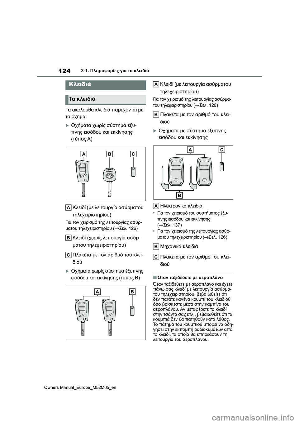 TOYOTA YARIS 2022 ΟΔΗΓΌΣ ΧΡΉΣΗΣ (in Greek) 124
Owners Manual_Europe_M52M05_en
3-1. Πληροφορίες για τα κλειδιά
3-1.Πληροφορίες για τα κλειδιά
Τα ακόλουθα κλειδιά παρέχοντα TOYOTA YARIS 2022 ΟΔΗΓΌΣ ΧΡΉΣΗΣ (in Greek) 124
Owners Manual_Europe_M52M05_en
3-1. Πληροφορίες για τα κλειδιά
3-1.Πληροφορίες για τα κλειδιά
Τα ακόλουθα κλειδιά παρέχοντα