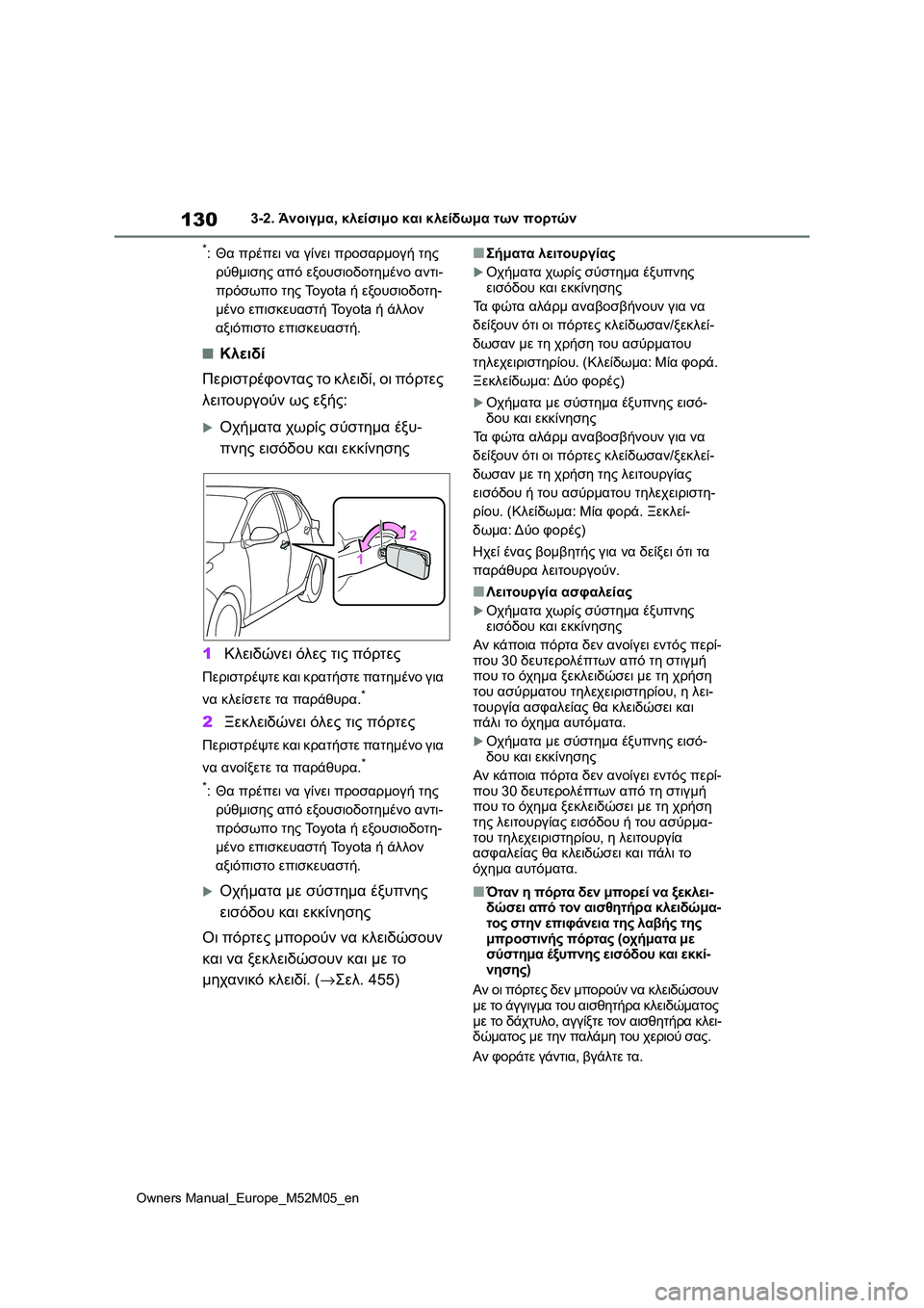 TOYOTA YARIS 2022 ΟΔΗΓΌΣ ΧΡΉΣΗΣ (in Greek) 130
Owners Manual_Europe_M52M05_en
3-2. Άνοιγμα, κλείσιμο και κλείδωμα των πορτών
*:Θα πρέπει να γίνει προσαρμογή της
ρύθμισης TOYOTA YARIS 2022 ΟΔΗΓΌΣ ΧΡΉΣΗΣ (in Greek) 130
Owners Manual_Europe_M52M05_en
3-2. Άνοιγμα, κλείσιμο και κλείδωμα των πορτών
*:Θα πρέπει να γίνει προσαρμογή της
ρύθμισης