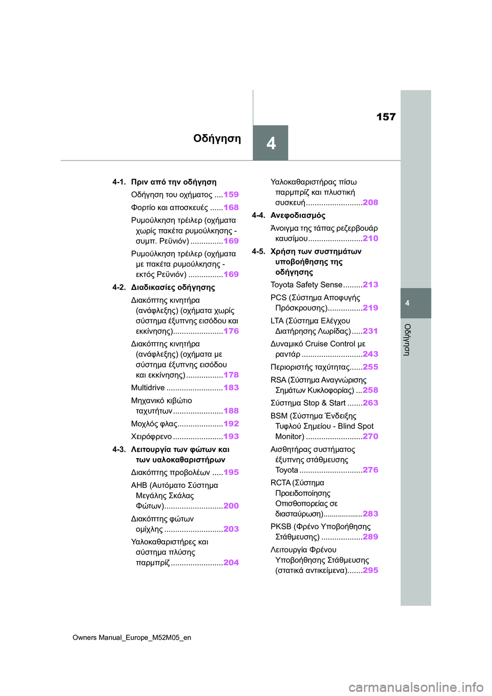 TOYOTA YARIS 2022 ΟΔΗΓΌΣ ΧΡΉΣΗΣ (in Greek) 4
157
Owners Manual_Europe_M52M05_en
4
Οδήγηση
Οδήγηση
4-1.Πριν από την οδήγηση
Οδήγηση του οχήματος....159
Φορτίο και αποσκευές..... TOYOTA YARIS 2022 ΟΔΗΓΌΣ ΧΡΉΣΗΣ (in Greek) 4
157
Owners Manual_Europe_M52M05_en
4
Οδήγηση
Οδήγηση
4-1.Πριν από την οδήγηση
Οδήγηση του οχήματος....159
Φορτίο και αποσκευές.....