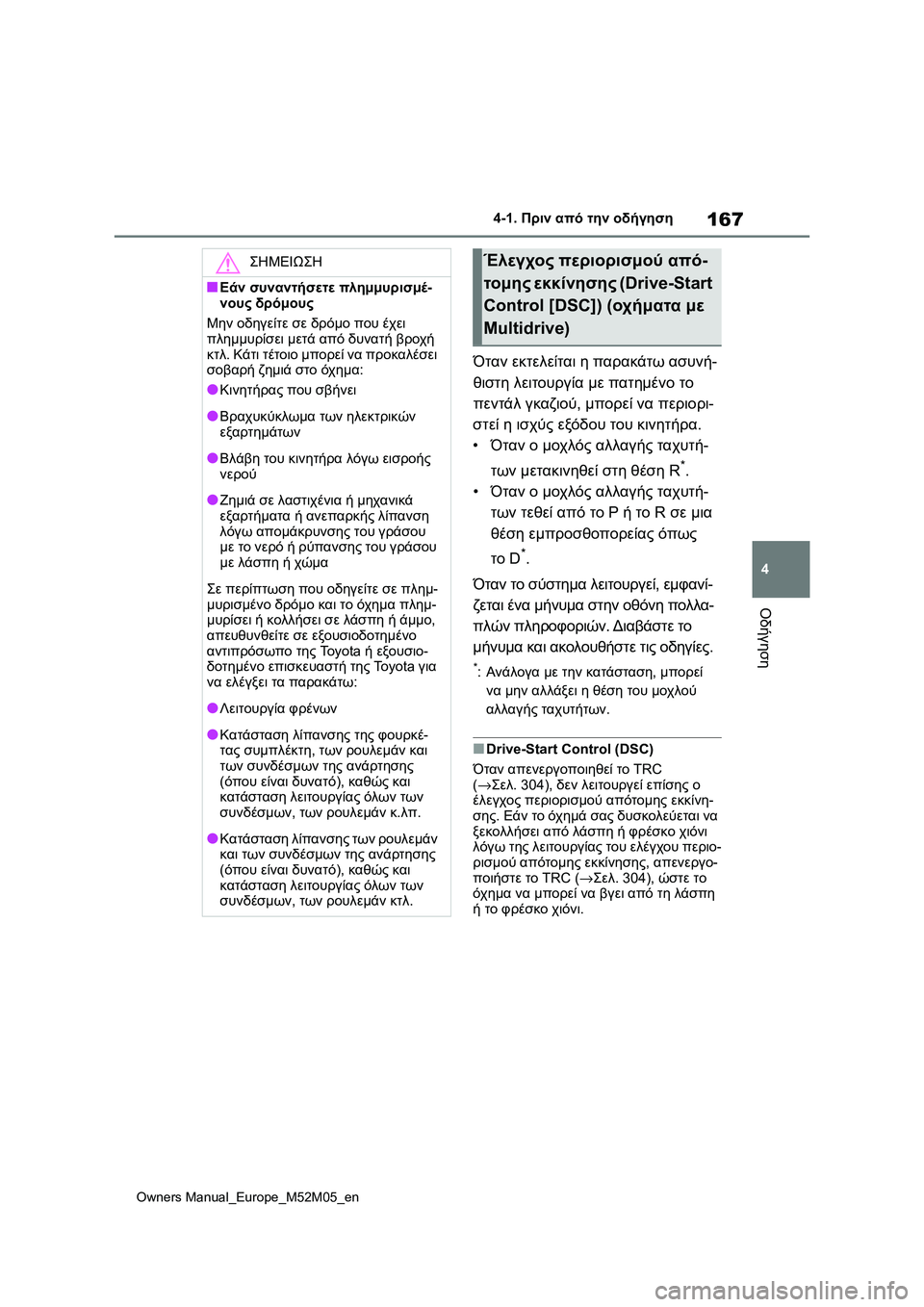 TOYOTA YARIS 2022 ΟΔΗΓΌΣ ΧΡΉΣΗΣ (in Greek) 167
4
Owners Manual_Europe_M52M05_en
4-1. Πριν από την οδήγηση
Οδήγηση
Όταν εκτελείται η παρακάτω ασυνή-
θιστη λειτουργία με πατ TOYOTA YARIS 2022 ΟΔΗΓΌΣ ΧΡΉΣΗΣ (in Greek) 167
4
Owners Manual_Europe_M52M05_en
4-1. Πριν από την οδήγηση
Οδήγηση
Όταν εκτελείται η παρακάτω ασυνή-
θιστη λειτουργία με πατ
