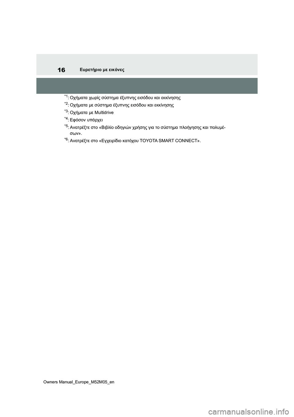 TOYOTA YARIS 2022  ΟΔΗΓΌΣ ΧΡΉΣΗΣ (in Greek) 16
Owners Manual_Europe_M52M05_en
Ευρετήριο με εικόνες
*1:Οχήματα χωρίς σύστημα έξυπνης εισόδου και εκκίνησης
*2:Οχήματα με σύ