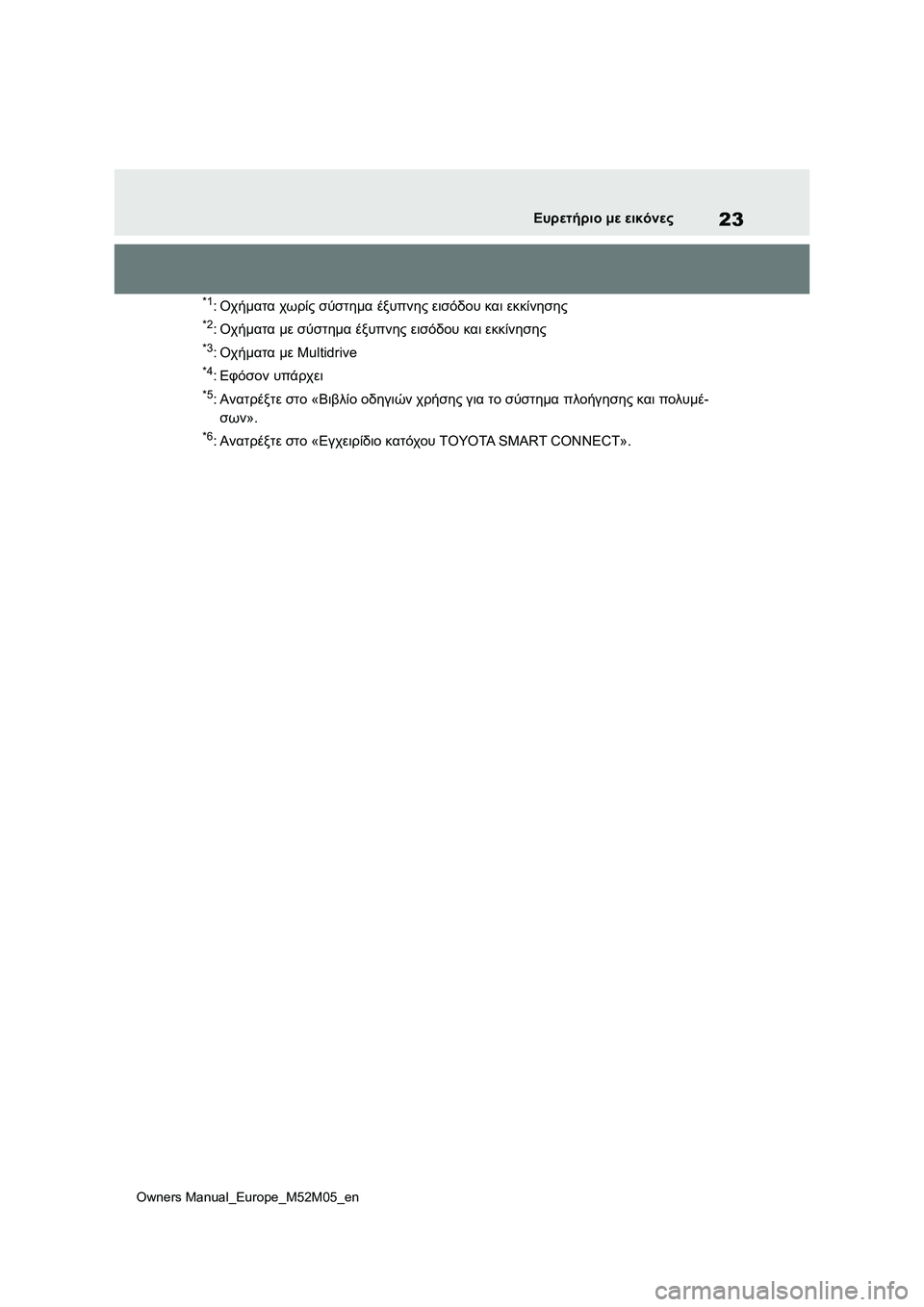 TOYOTA YARIS 2022  ΟΔΗΓΌΣ ΧΡΉΣΗΣ (in Greek) 23
Owners Manual_Europe_M52M05_en
Ευρετήριο με εικόνες
*1:Οχήματα χωρίς σύστημα έξυπνης εισόδου και εκκίνησης
*2:Οχήματα με σύ